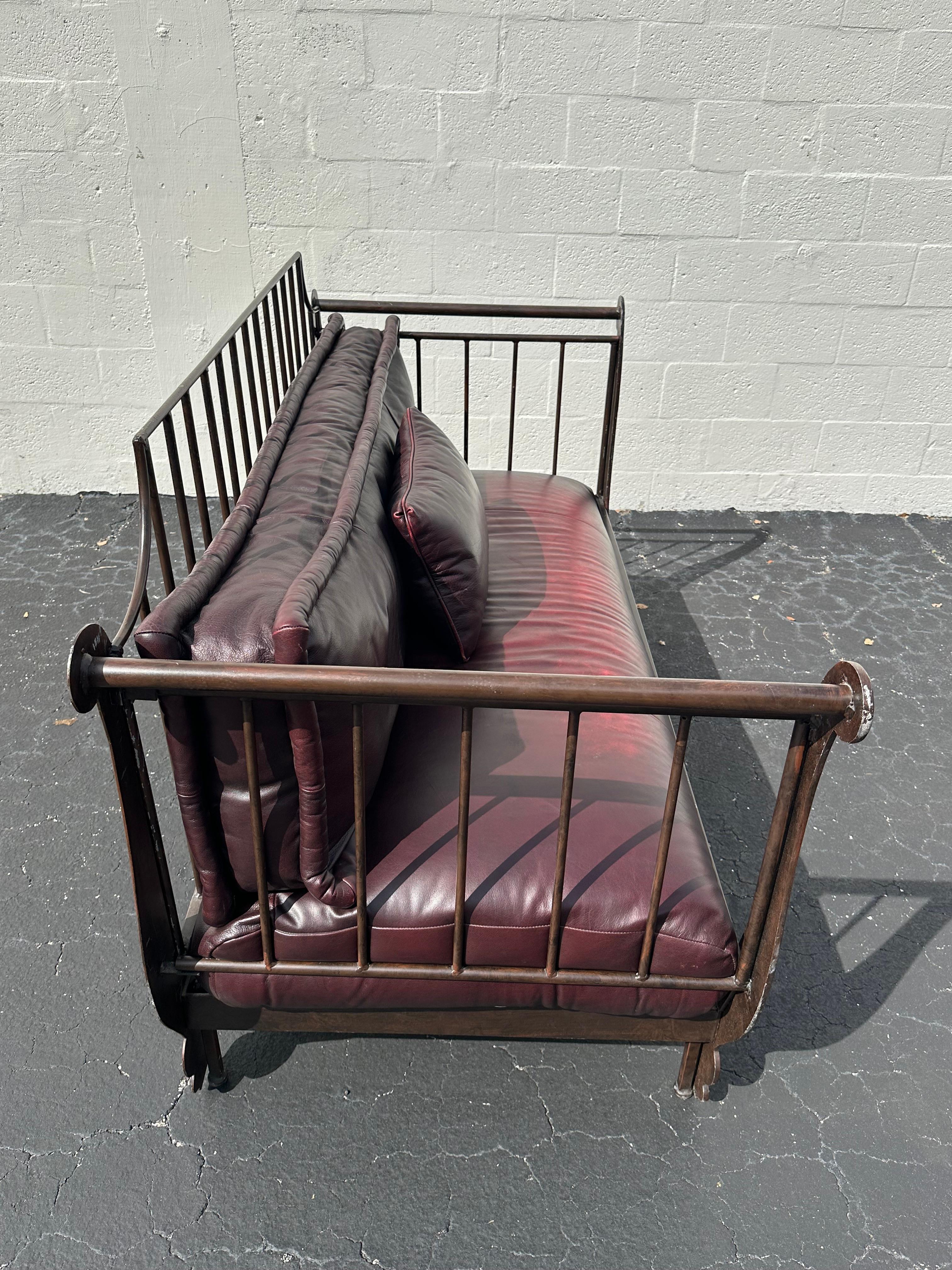 Thomasville Rustic Industrial Sculptural Iron Bull Burgundy Leather Daybed Sofa For Sale 1