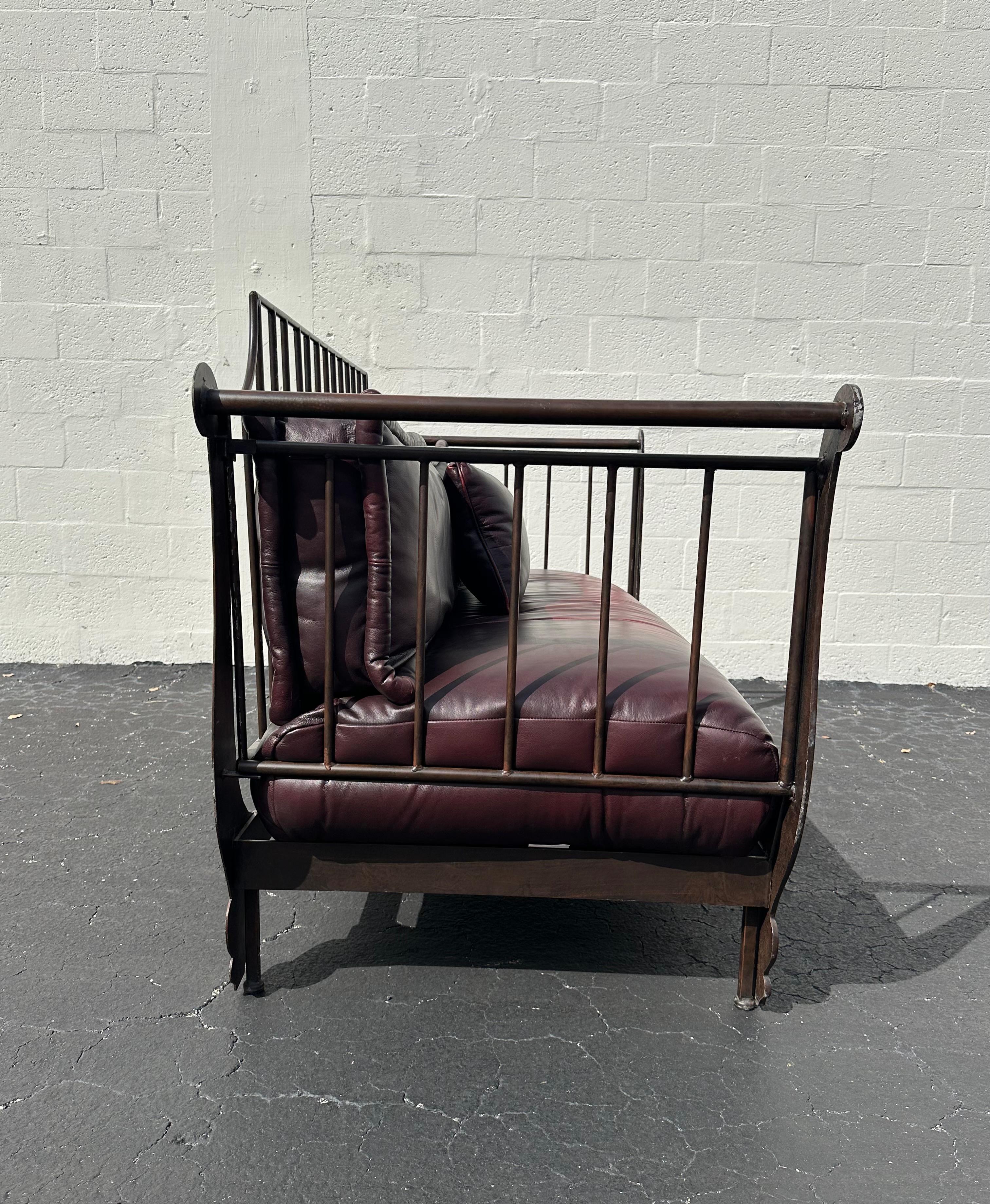 Thomasville Rustic Industrial Sculptural Iron Bull Burgundy Leather Daybed Sofa For Sale 2