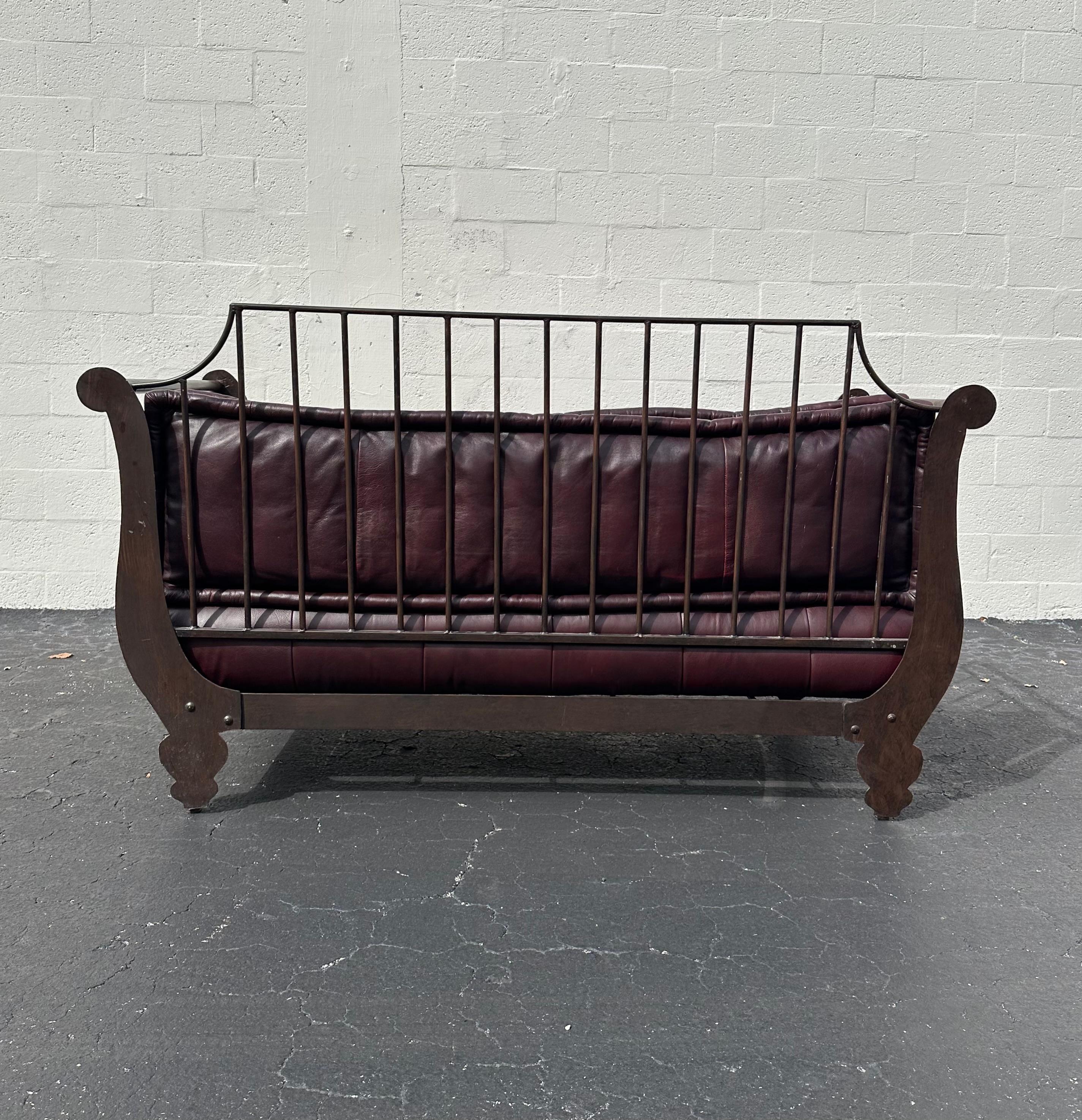 Thomasville Rustic Industrial Sculptural Iron Bull Burgundy Leather Daybed Sofa For Sale 3