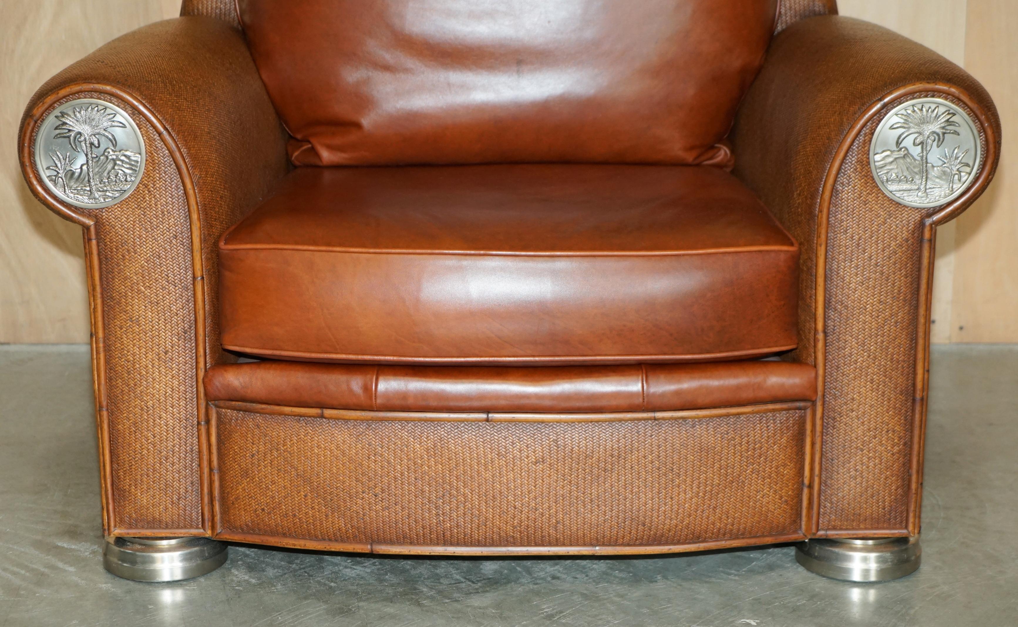 Unknown THOMASVILLE SAFARI LEATHER WOVEN ARMCHAIR & FOOTSTOOL OTTOMAN BROWN LEATHEr For Sale