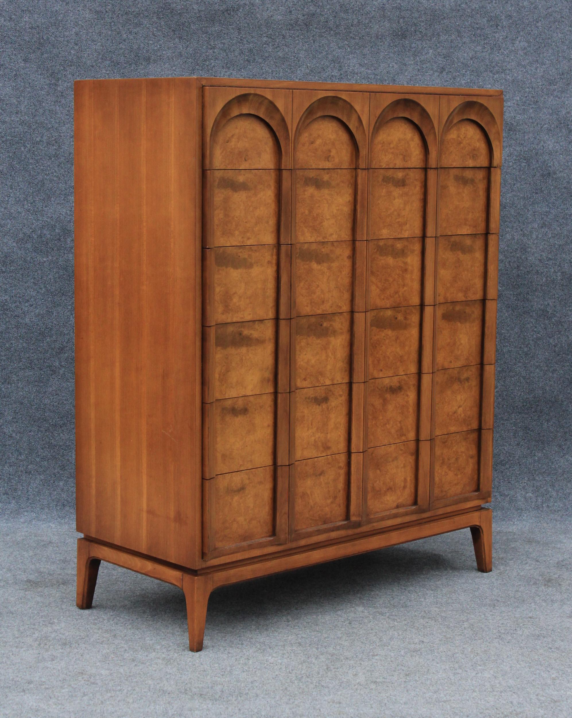 Mid-Century Modern Thomasville Sculptural 'Arched' 6 Drawer Tall Dresser Walnut & Olive Burl For Sale