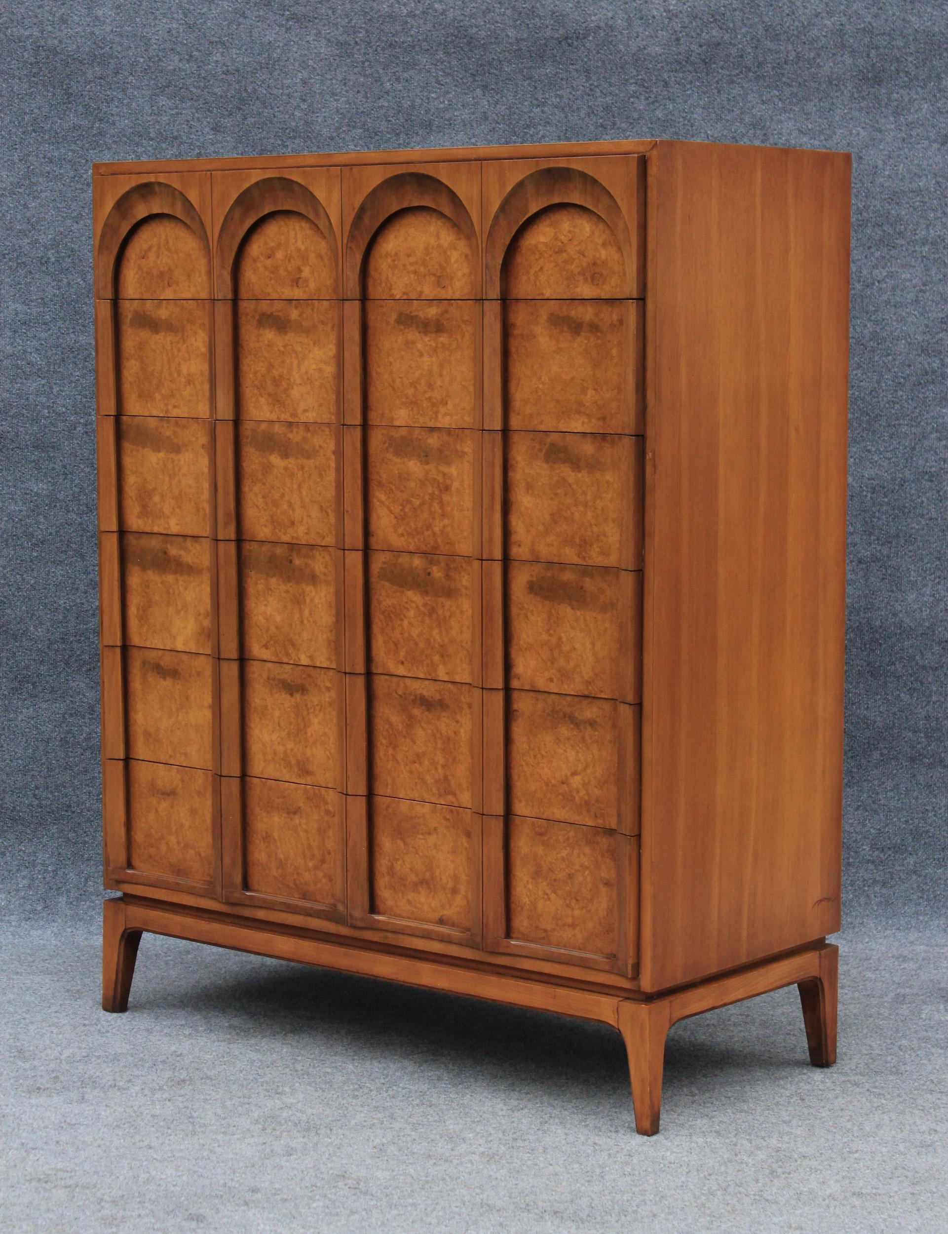 American Thomasville Sculptural 'Arched' 6 Drawer Tall Dresser Walnut & Olive Burl For Sale
