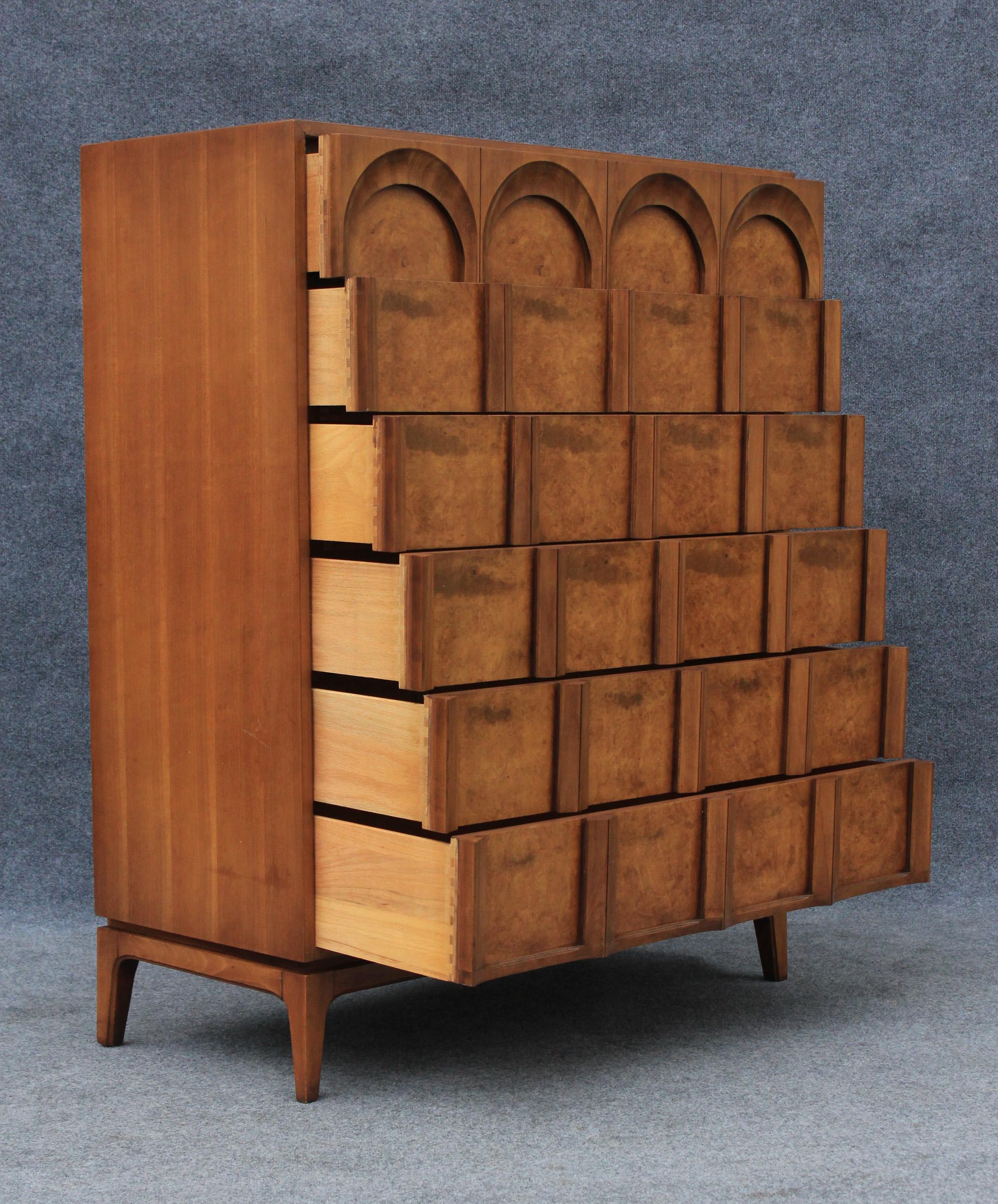 Mid-20th Century Thomasville Sculptural 'Arched' 6 Drawer Tall Dresser Walnut & Olive Burl For Sale