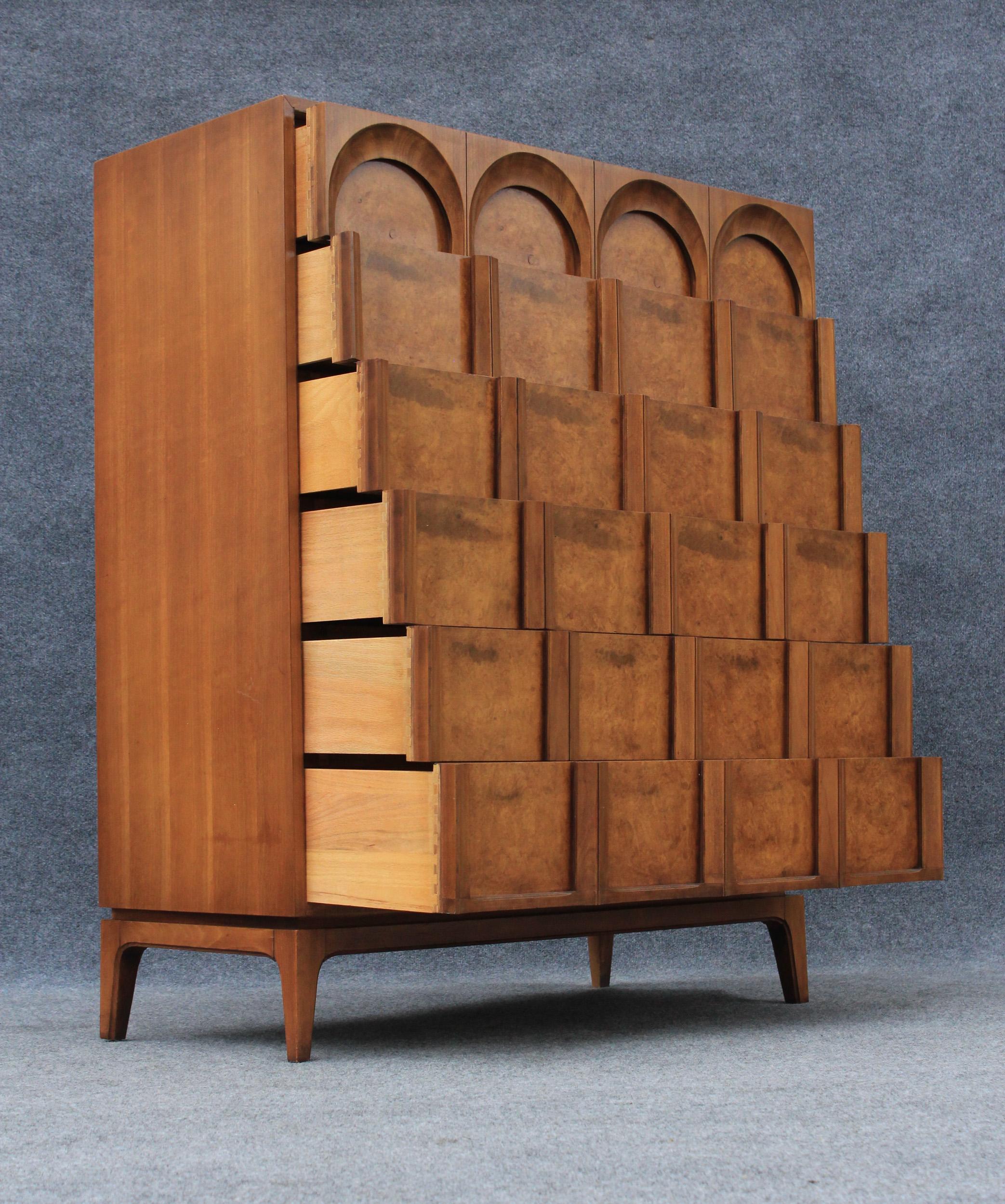 Thomasville Sculptural 'Arched' 6 Drawer Tall Dresser Walnut & Olive Burl For Sale 1