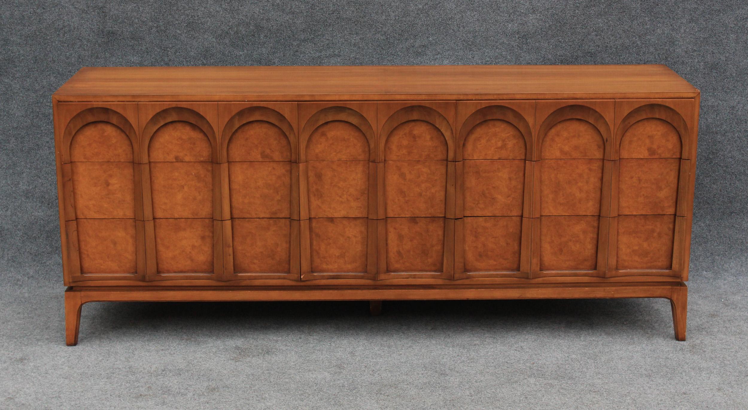 Thomasville Sculptural 'Acrhed' 9 Drawer Dresser Walnut, Olive Burl, Travertine 3