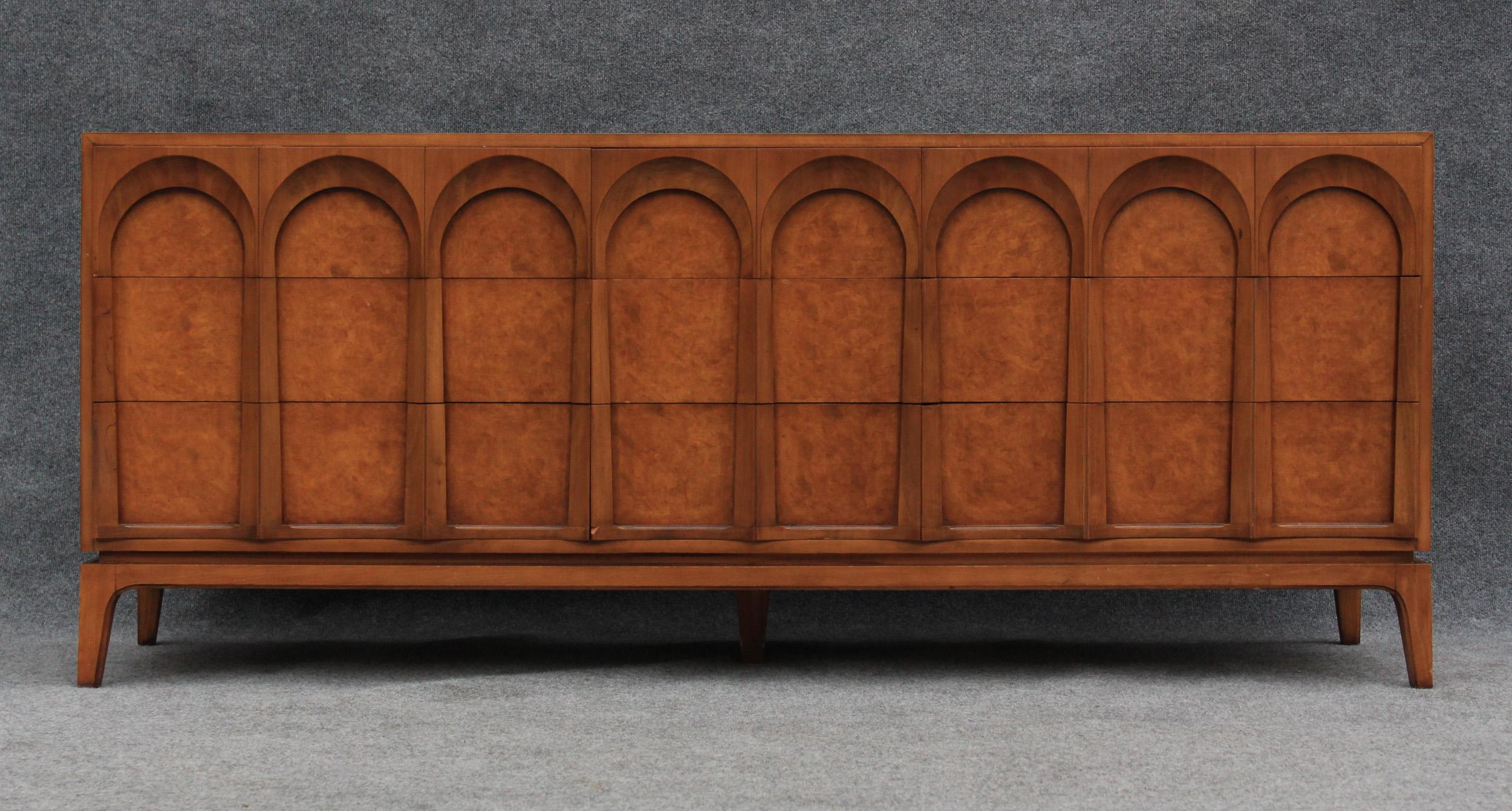 Thomasville Sculptural 'Acrhed' 9 Drawer Dresser Walnut, Olive Burl, Travertine 4