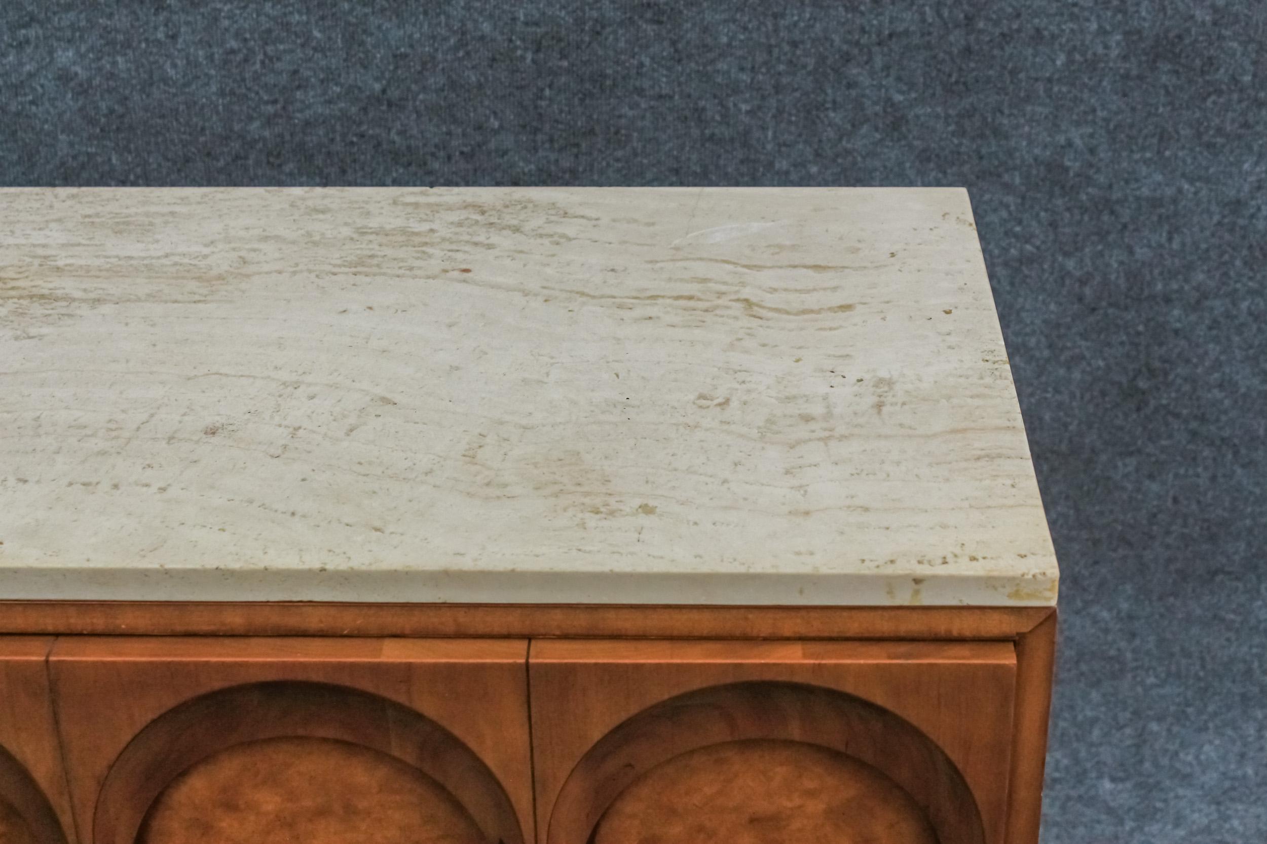 Thomasville Sculptural 'Acrhed' 9 Drawer Dresser Walnut, Olive Burl, Travertine 11