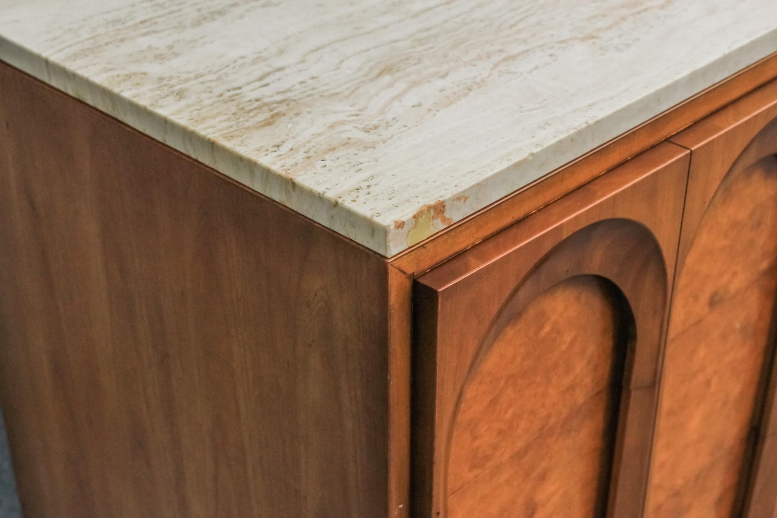Thomasville Sculptural 'Acrhed' 9 Drawer Dresser Walnut, Olive Burl, Travertine 12