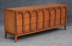 Thomasville Sculptural 'Acrhed' 9 Drawer Dresser Walnut, Olive Burl, Travertine