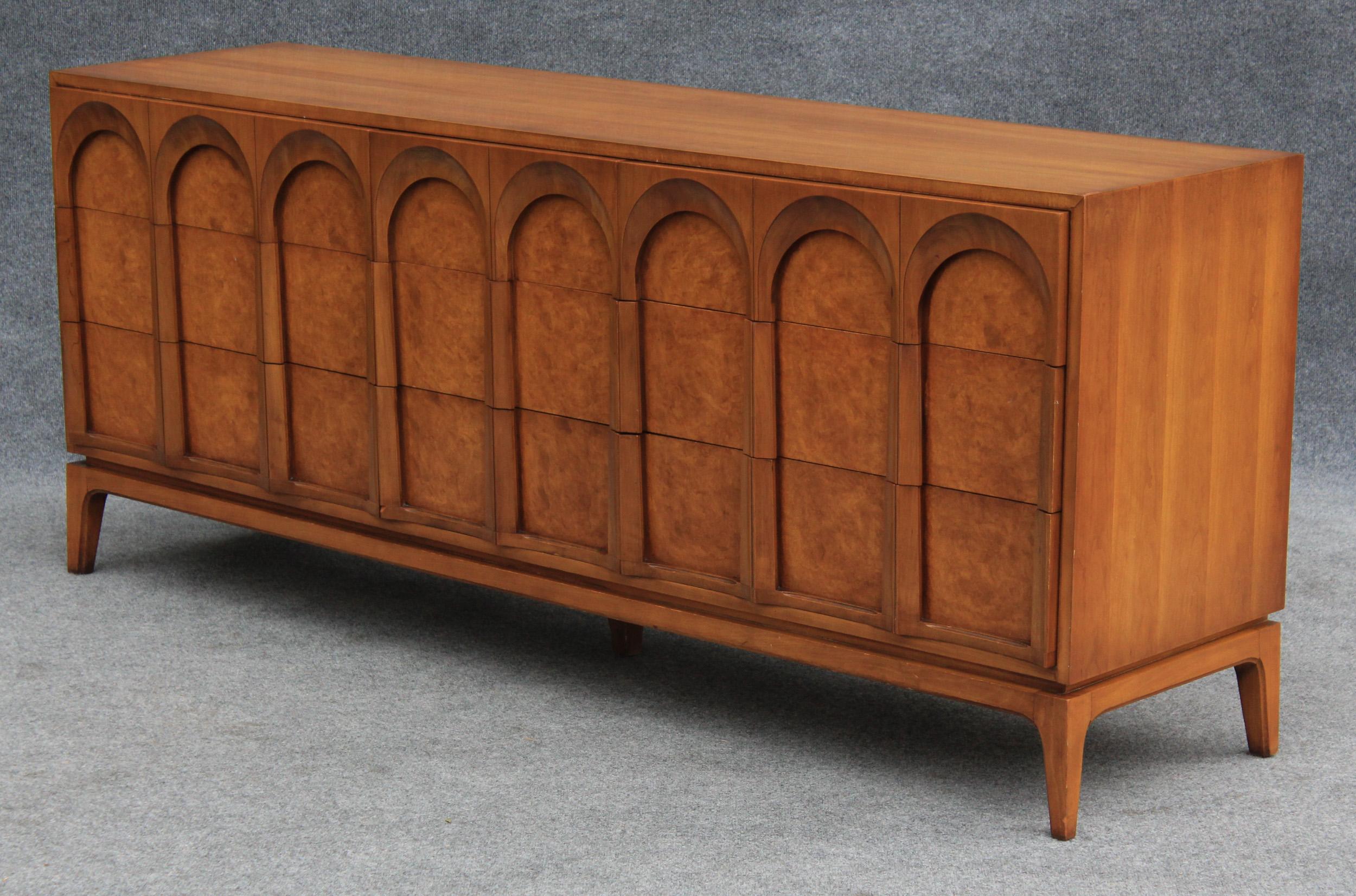 Mid-Century Modern Thomasville Sculptural 'Acrhed' 9 Drawer Dresser Walnut, Olive Burl, Travertine