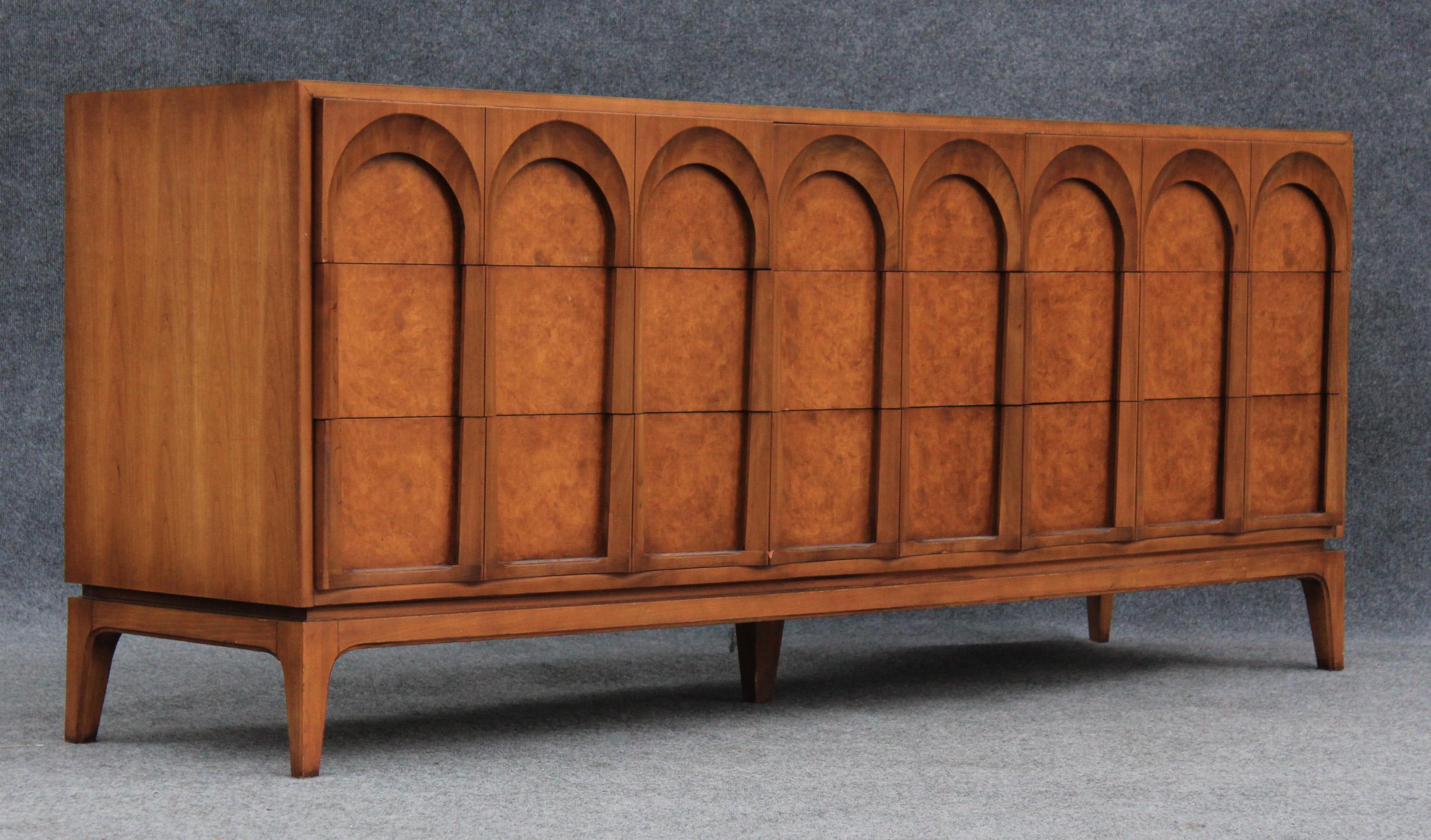 American Thomasville Sculptural 'Acrhed' 9 Drawer Dresser Walnut, Olive Burl, Travertine