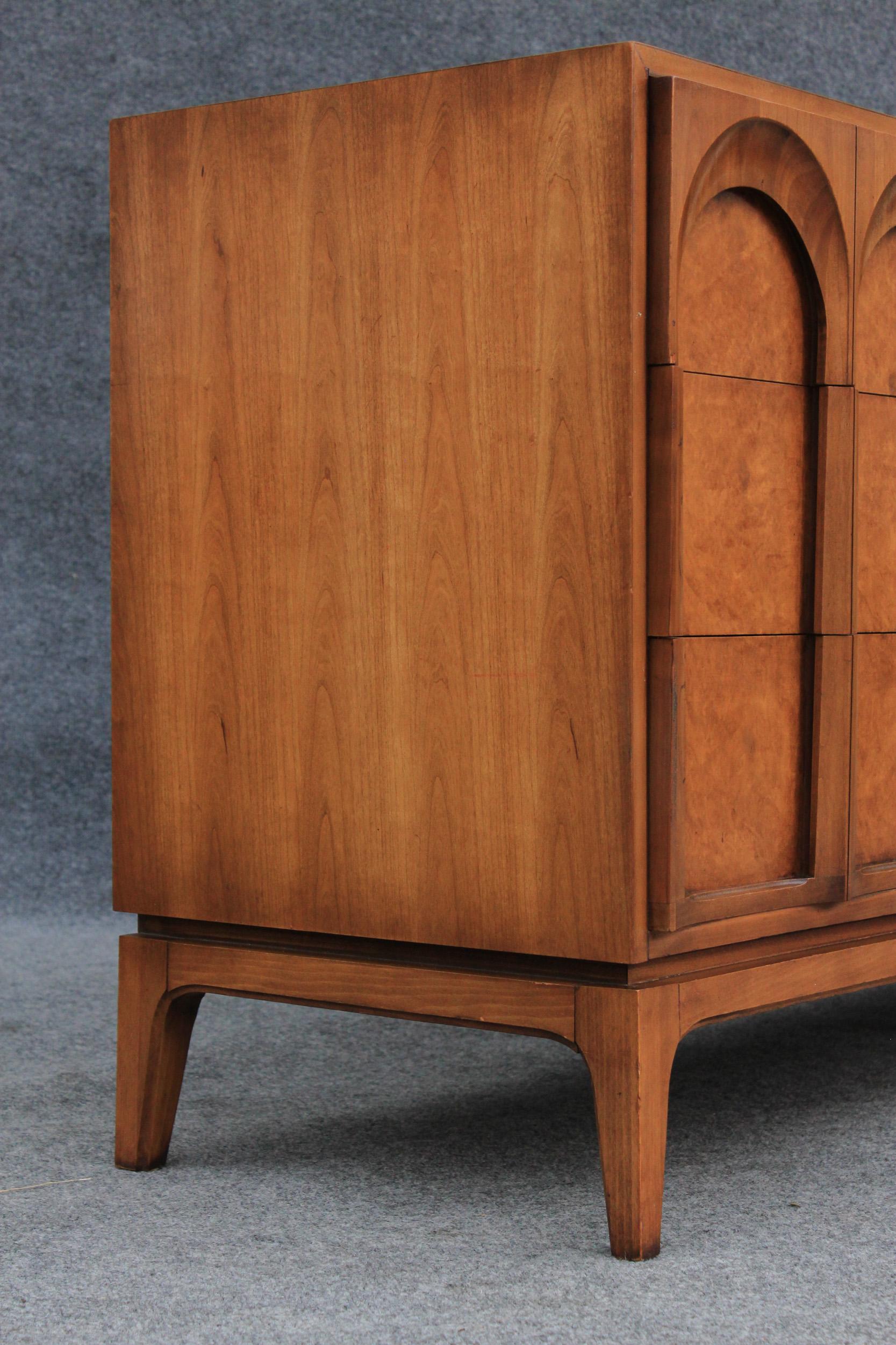 Mid-20th Century Thomasville Sculptural 'Acrhed' 9 Drawer Dresser Walnut, Olive Burl, Travertine