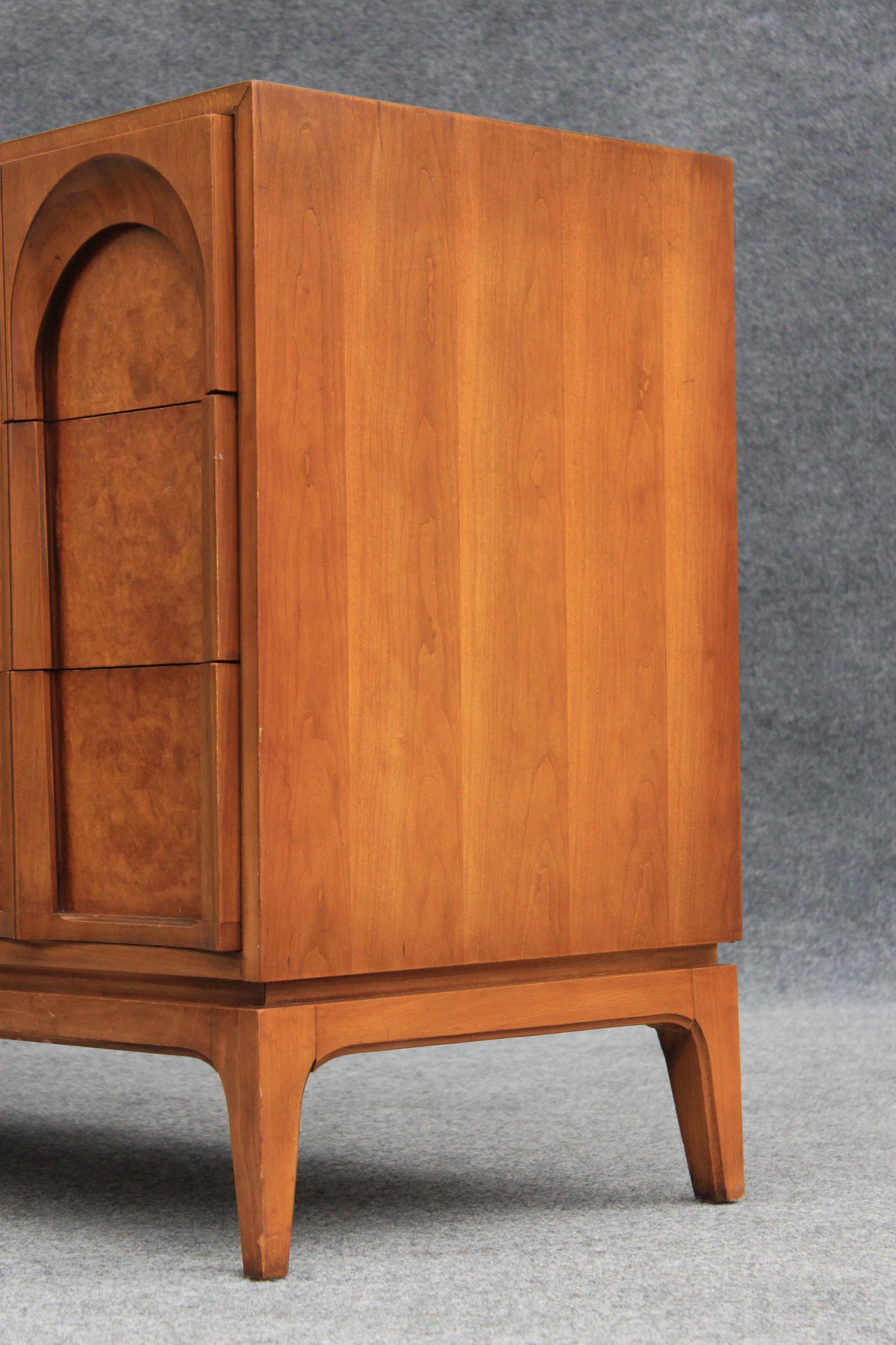 Mirror Thomasville Sculptural 'Acrhed' 9 Drawer Dresser Walnut, Olive Burl, Travertine