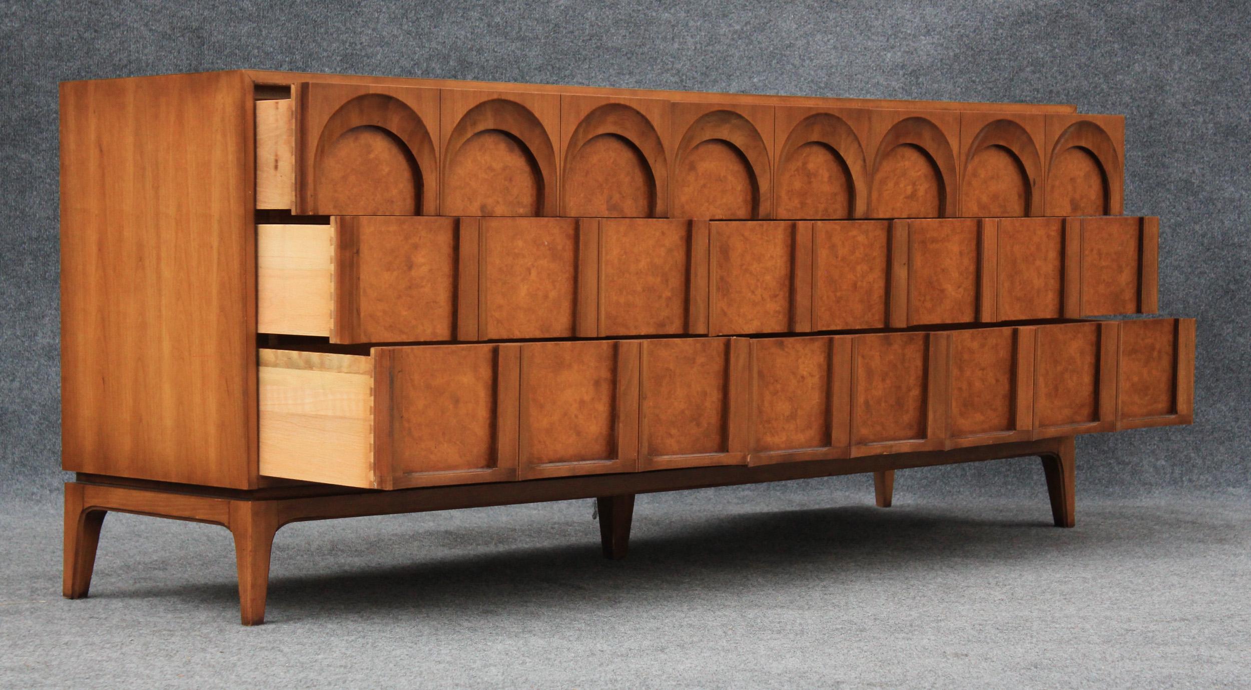Thomasville Sculptural 'Acrhed' 9 Drawer Dresser Walnut, Olive Burl, Travertine 1