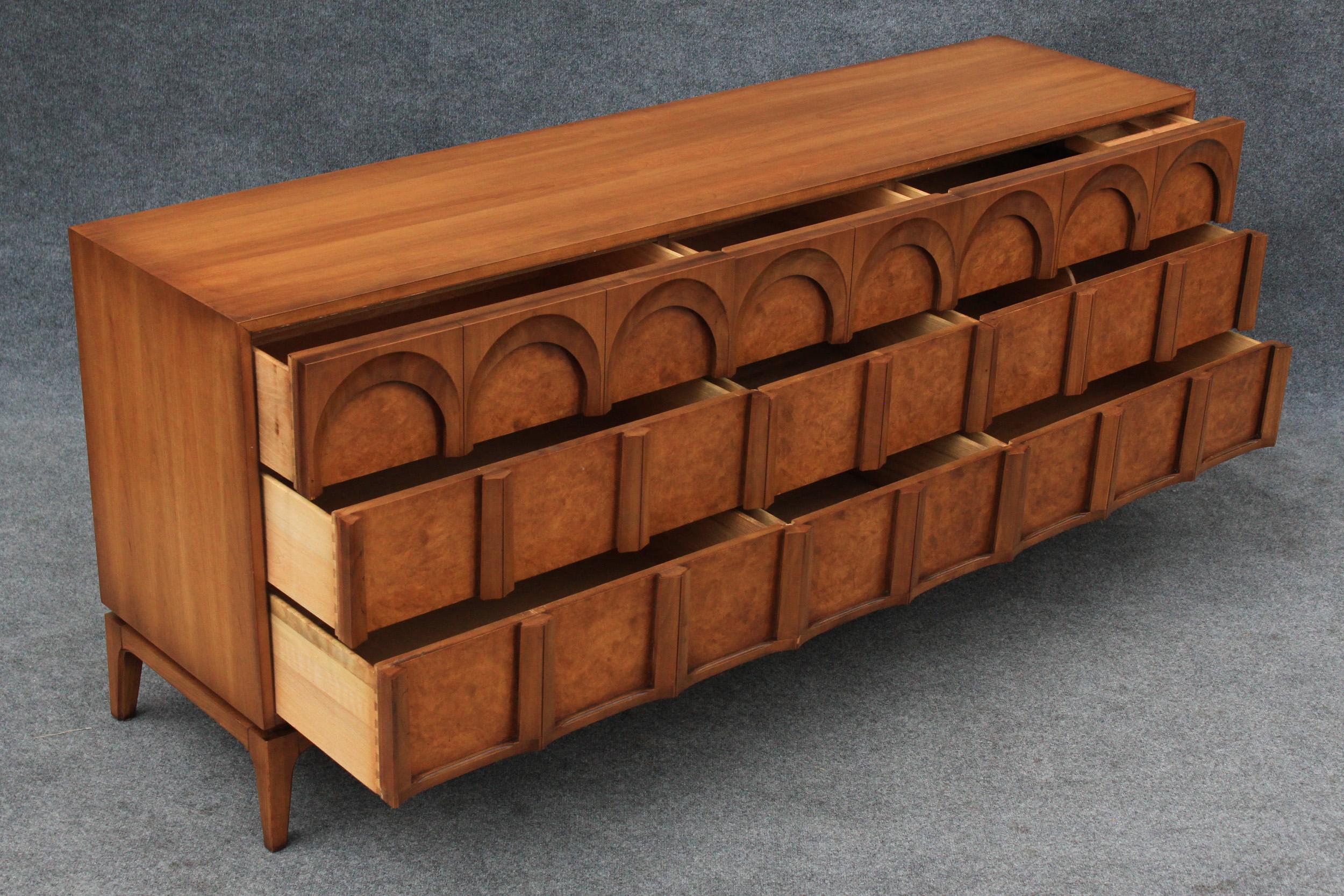 Thomasville Sculptural 'Acrhed' 9 Drawer Dresser Walnut, Olive Burl, Travertine 2
