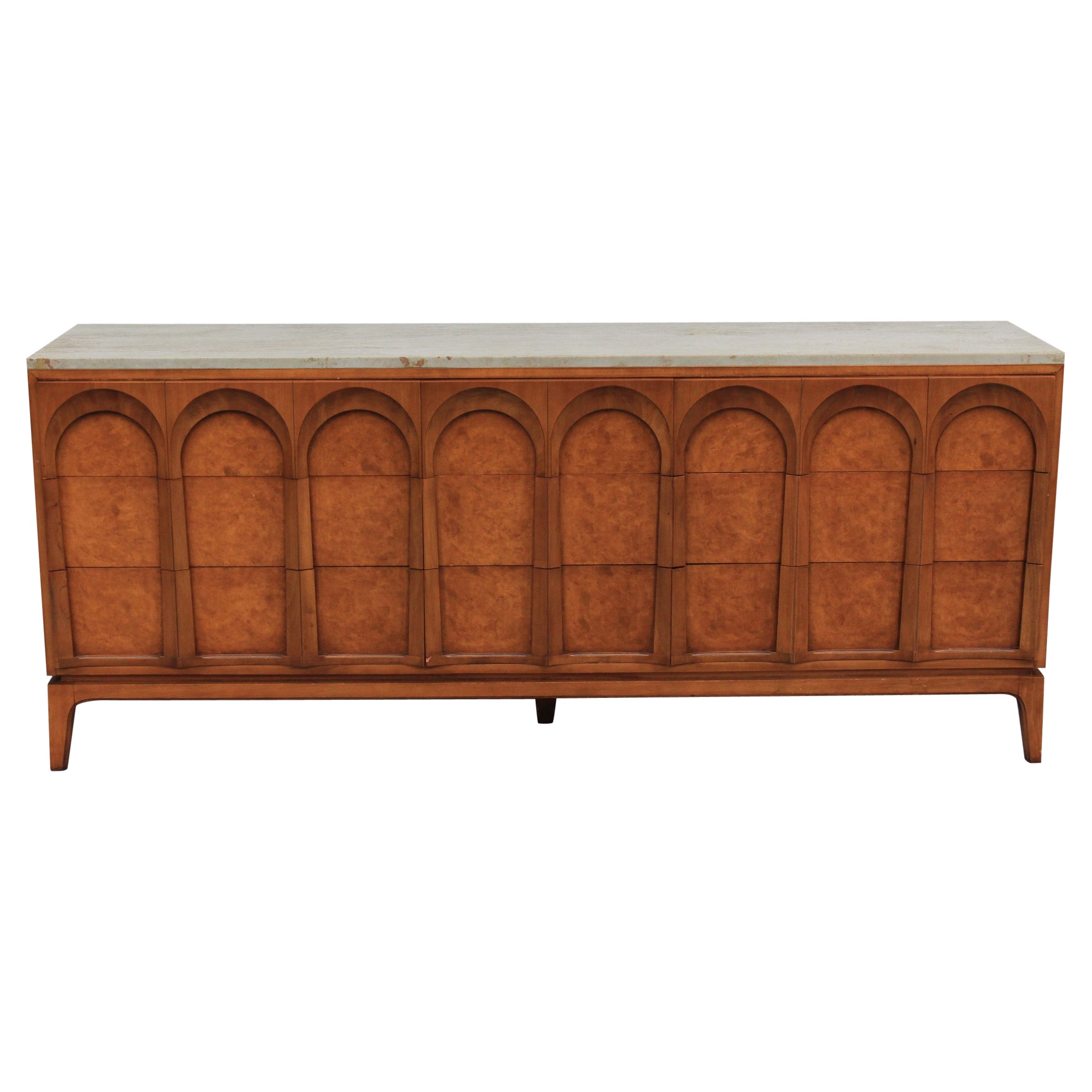 Thomasville Sculptural 'Acrhed' 9 Drawer Dresser Walnut, Olive Burl, Travertine