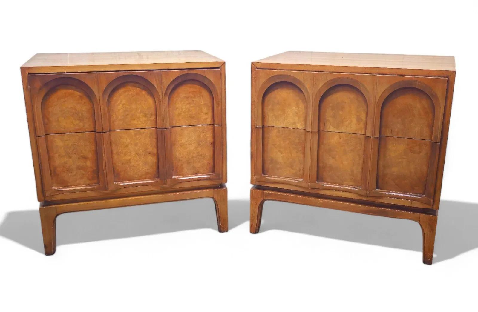 In the classic and timeless style of T.H. Robsjohn Gibbings, the 'Arched' series by Thomasville is made in the US, circa 1960s, and is of heirloom quality. The finest hardwoods of walnut and olive ash burl, create a sculptural rhythm that evokes