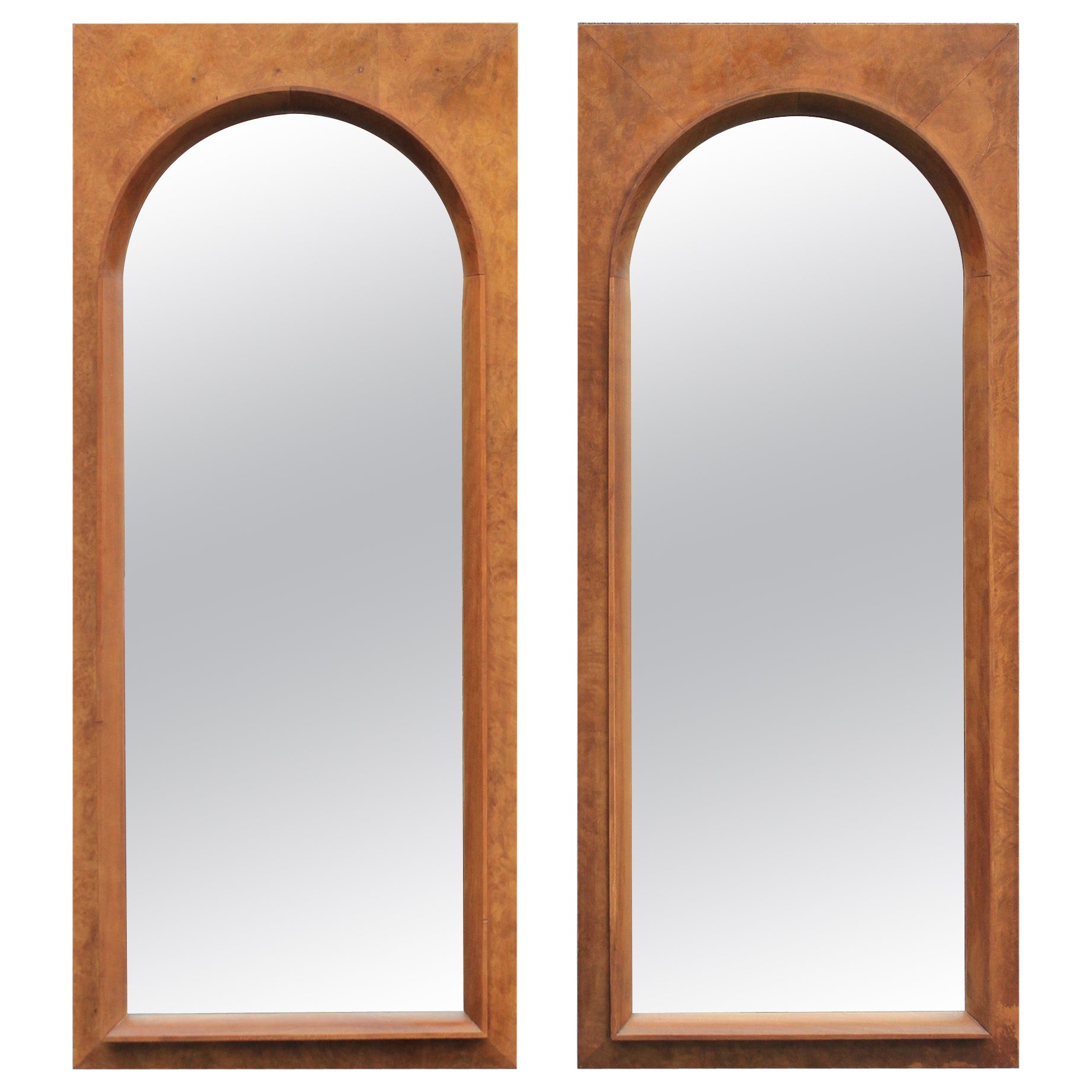 Thomasville Sculptural 'Arched' Pair of Wall Mirrors in Walnut & Olive Burl