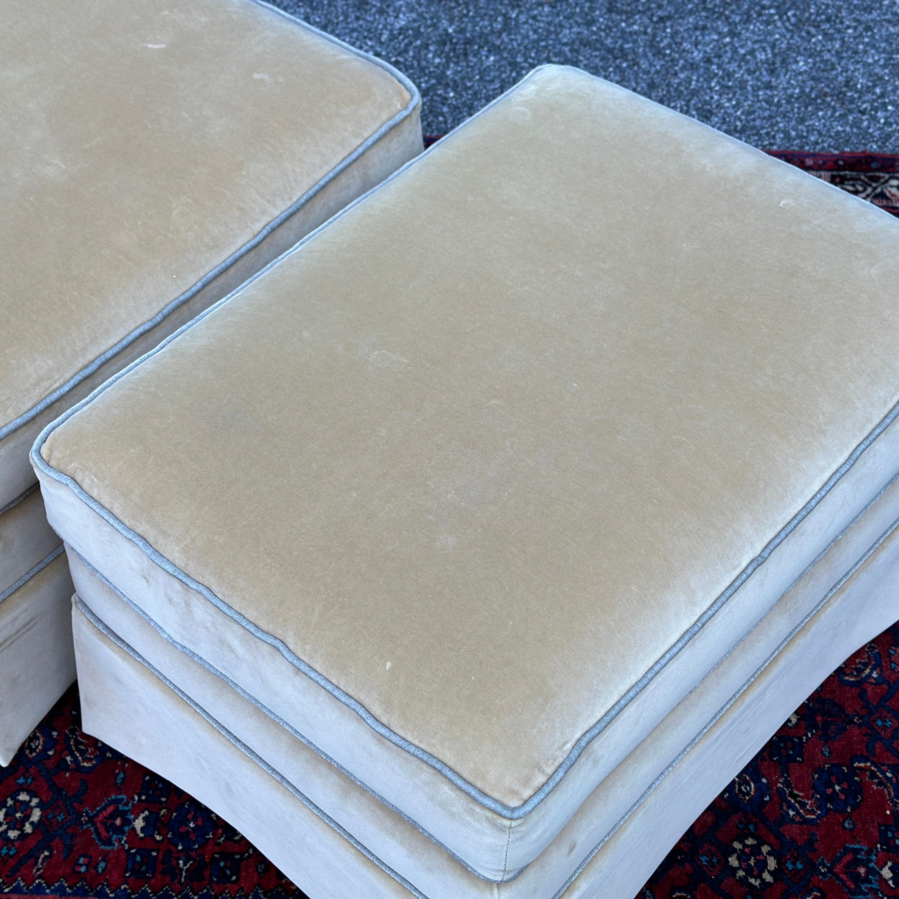 American Thomasville Skirted Velvet Triple Welted Ottomans - a Pair