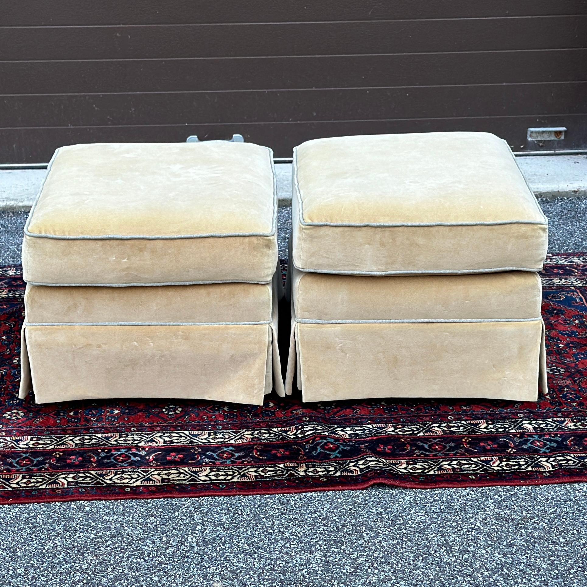 Hand-Crafted Thomasville Skirted Velvet Triple Welted Ottomans - a Pair
