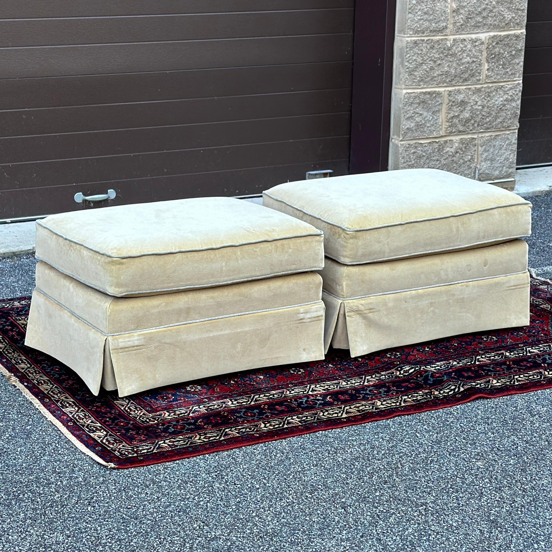 Thomasville Skirted Velvet Triple Welted Ottomans - a Pair In Good Condition In West Chester, PA