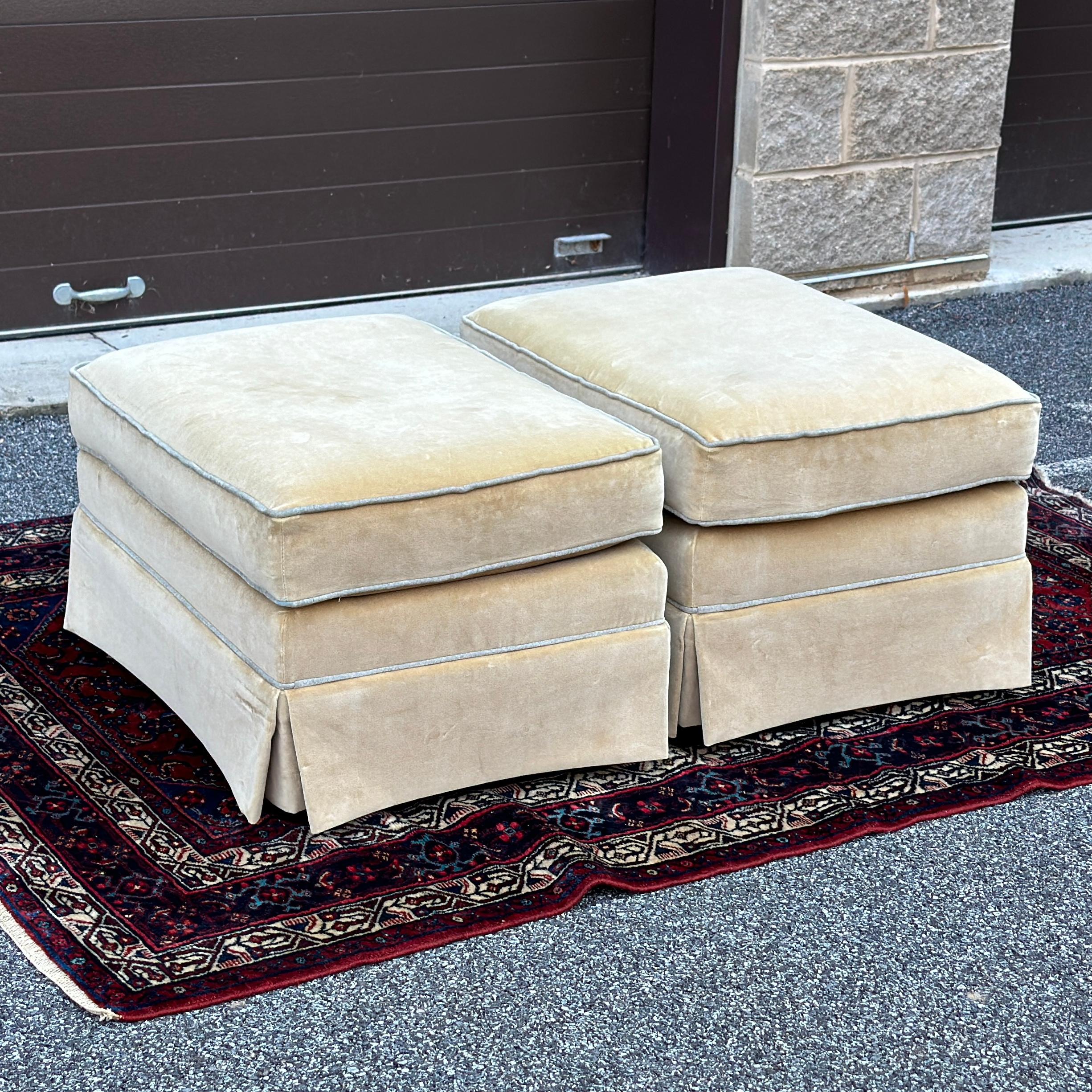 Contemporary Thomasville Skirted Velvet Triple Welted Ottomans - a Pair