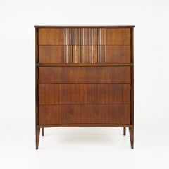 Thomasville Style Mid Century Curved Front Walnut 5 Drawer Highboy Dresser
