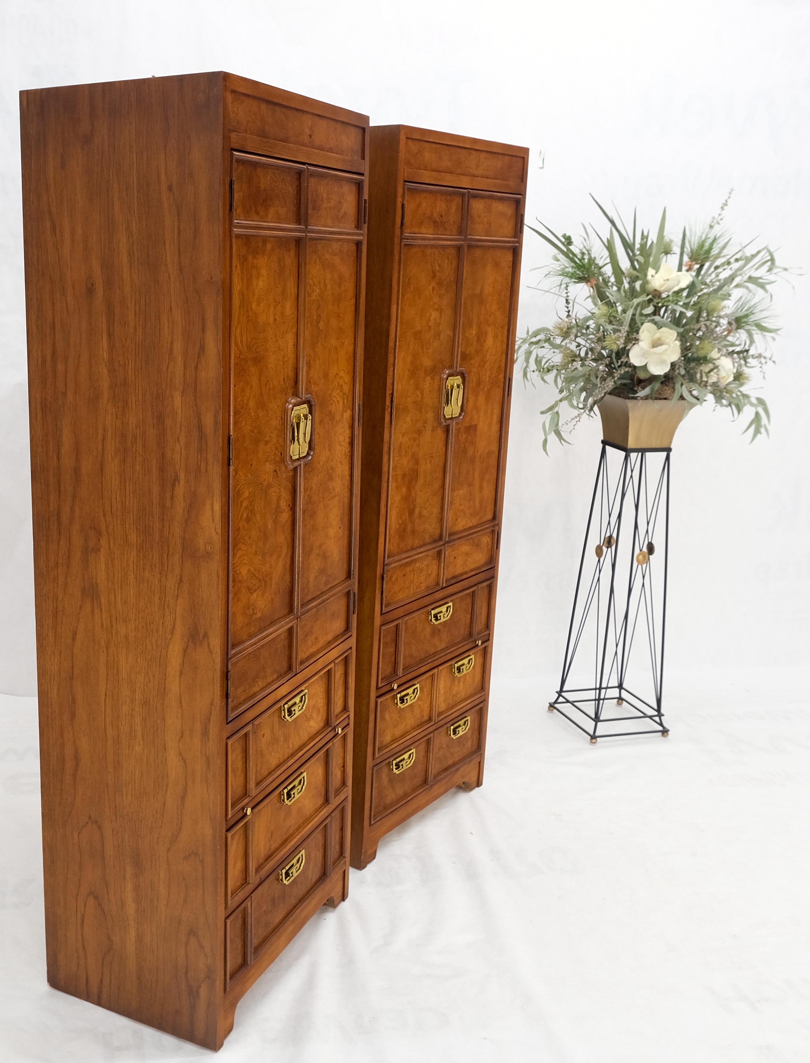 Brass Thomasville Tall Tower Shape Highboy Dressers W/ Drawer Compartment Burl Wood 