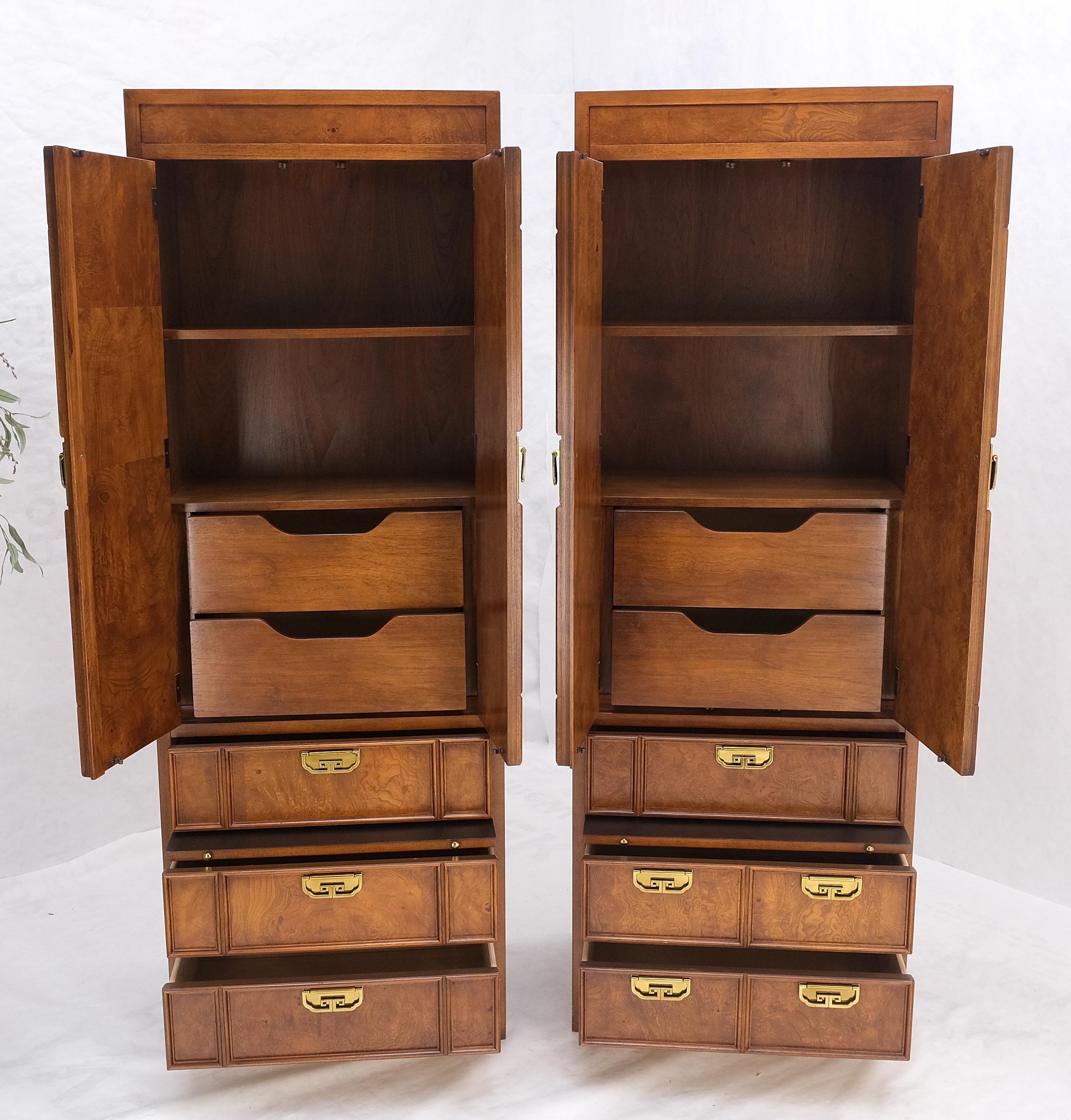 Pair of Thomasville tall tower shape highboy dressers w/ drawer compartment burl wood brass pulls mint!
Featuring laminated pull out trays shelves and drawers inside the double door compartments.