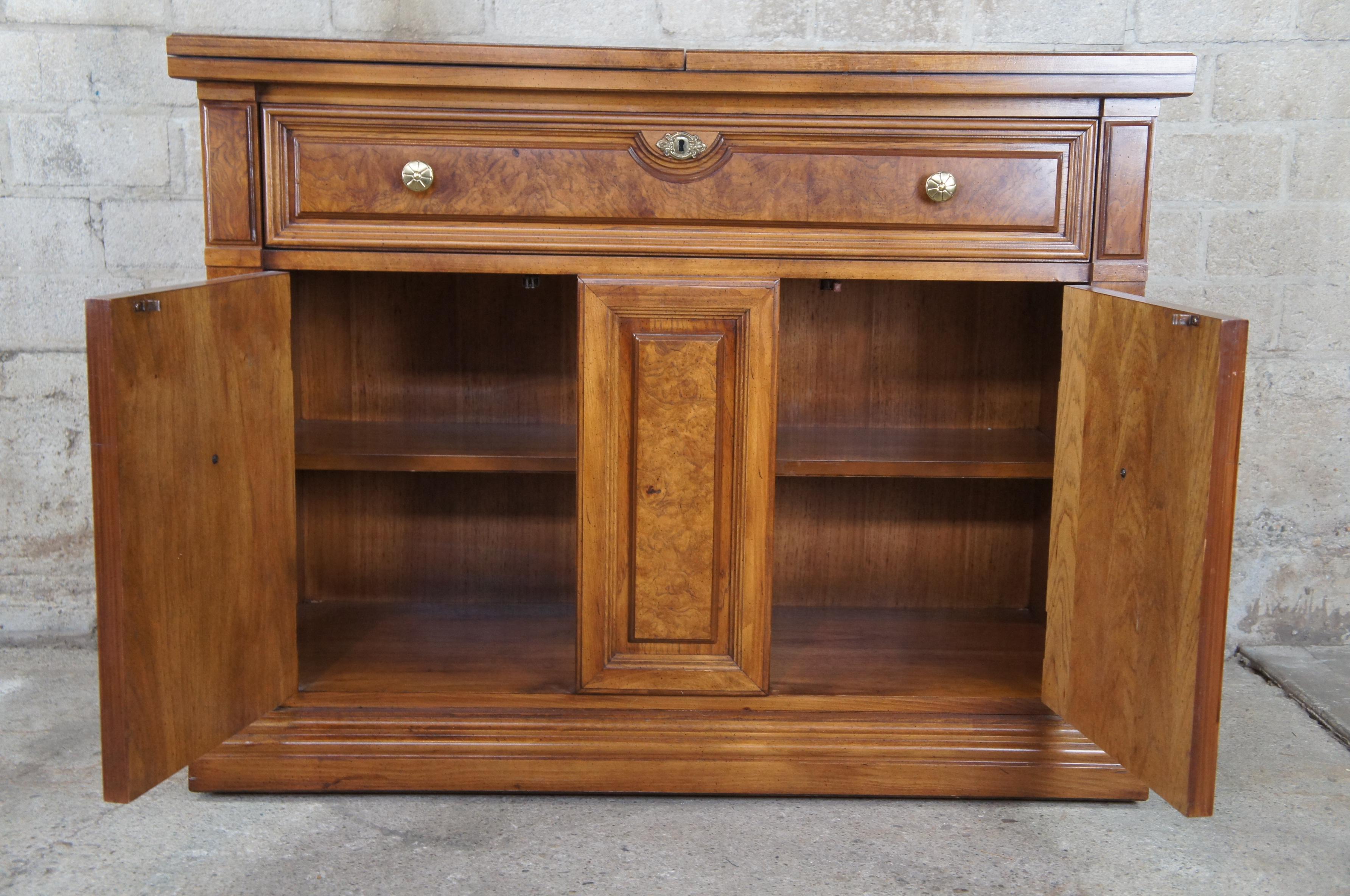 Late 20th Century Thomasville Walnut & Ash Burl Rolling Buffet Flip Top Server Sideboard Cabinet