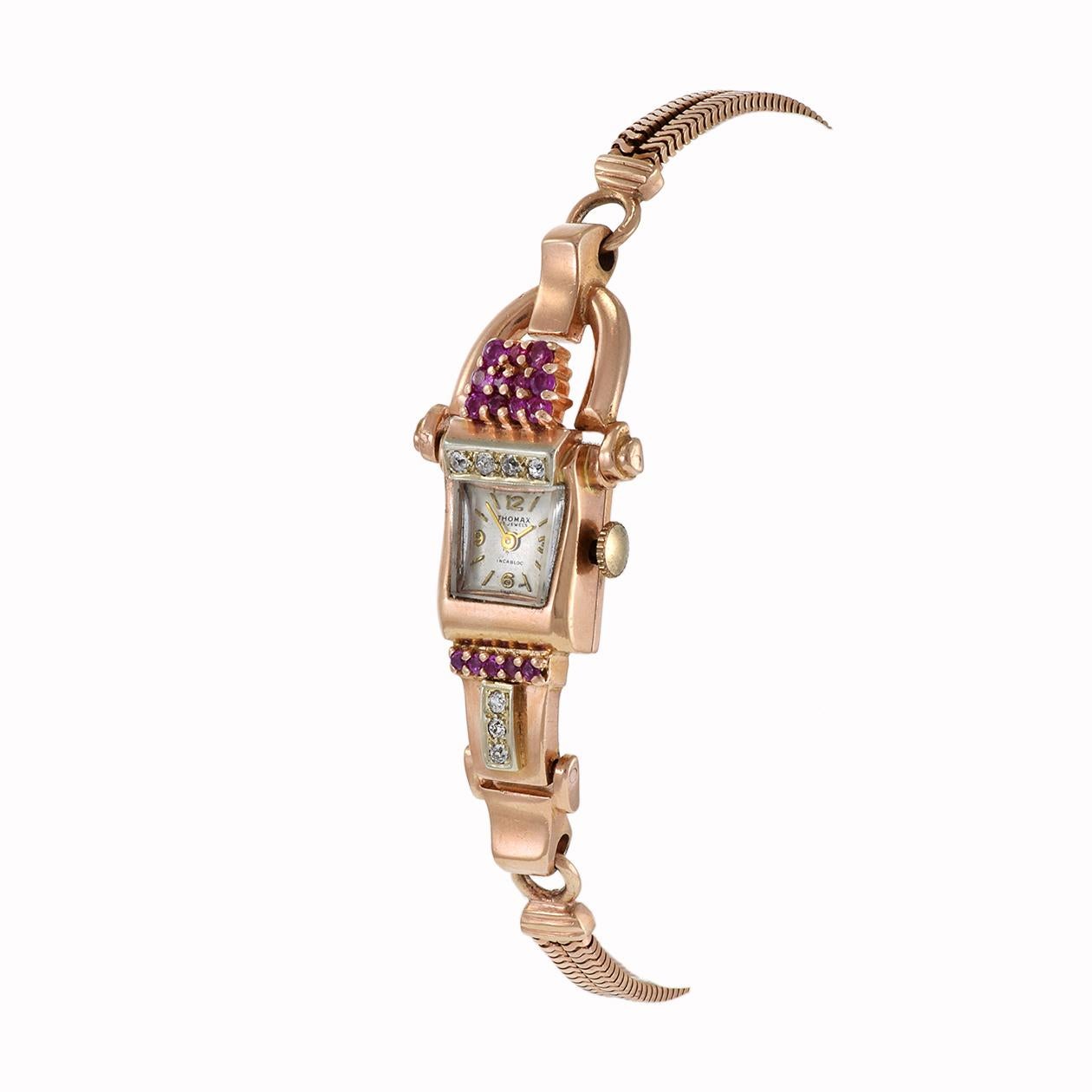 Retro Thomax 1950's Ladies 14KT Pink Gold Ruby and Diamond Cocktail Watch For Sale