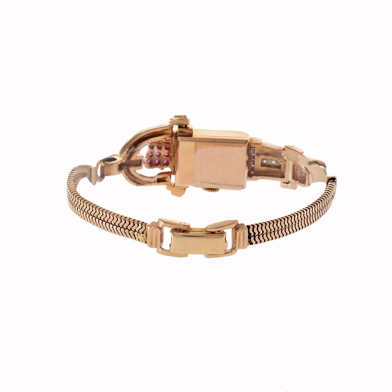 Taglio rotondo Thomax 1950, orologio da cocktail da donna in oro rosa 14KT con rubini e diamanti in vendita