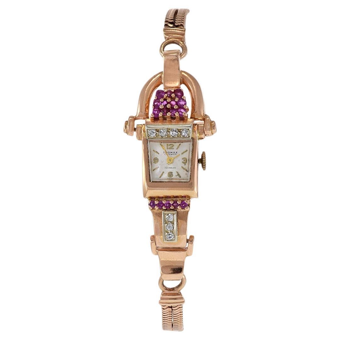 Thomax 1950's Ladies 14KT Pink Gold Ruby and Diamond Cocktail Watch For Sale