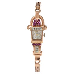 Retro Thomax 1950's Ladies 14KT Pink Gold Ruby and Diamond Cocktail Watch