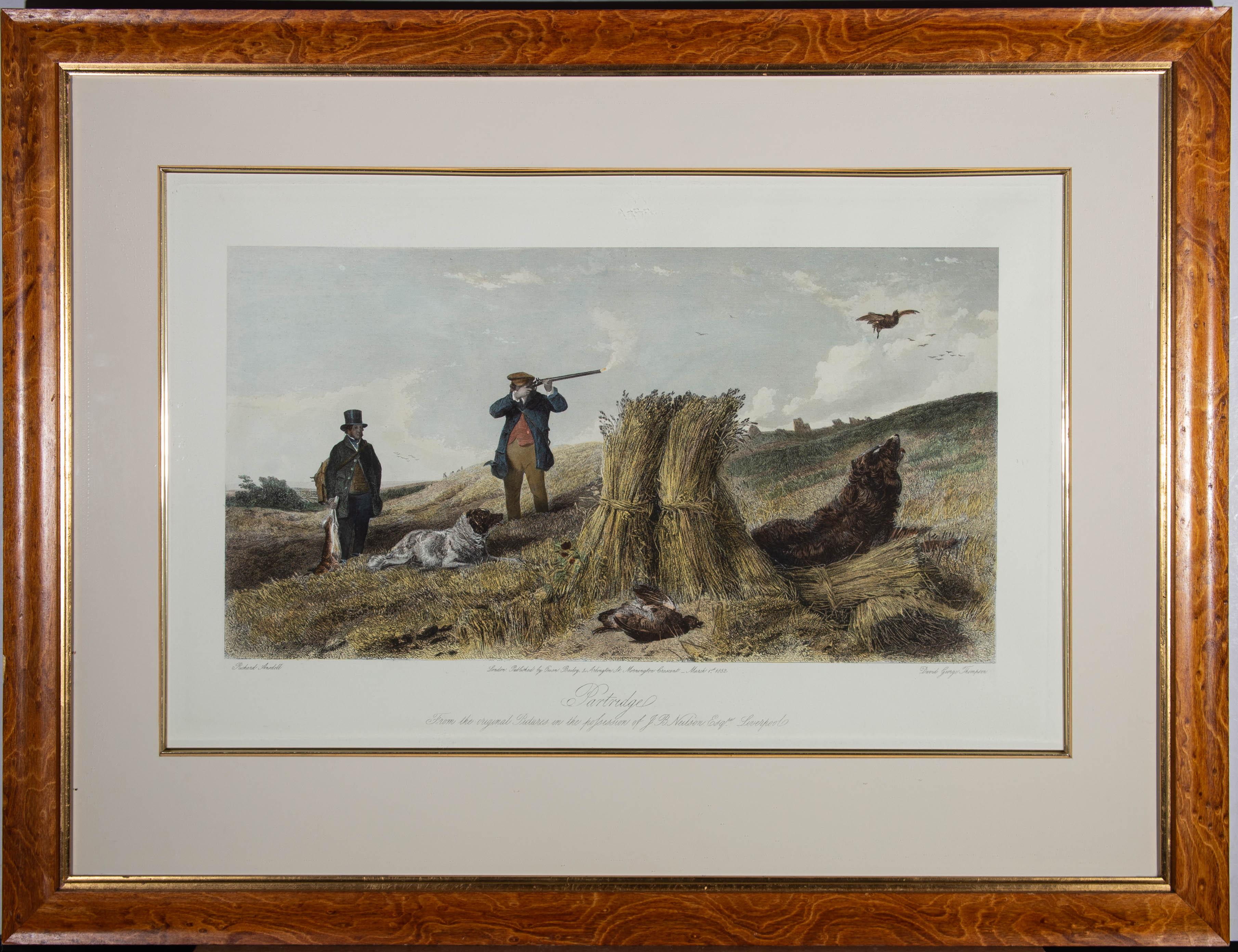 Depicting a partridge hunting scene with two gentlemen and their dogs. After the original painting by Richard Ansdell. Inscribed within the plate lines: 'Richard Ansdell - London, Published by Owen Bailey, 4 Arlington Street, Mornington Crescent -