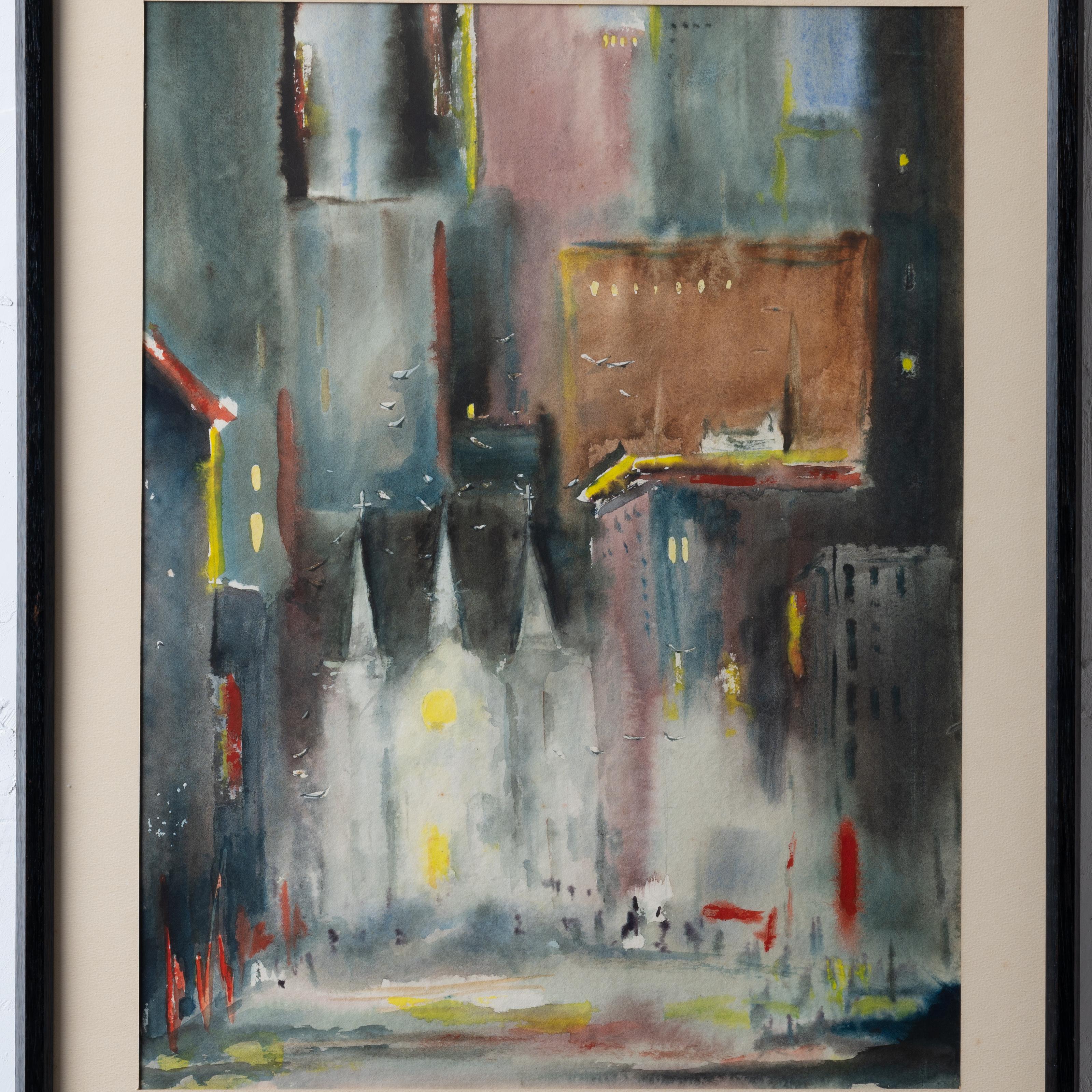Aquarelle du paysage urbain de Church's Bon état - En vente à Savannah, GA