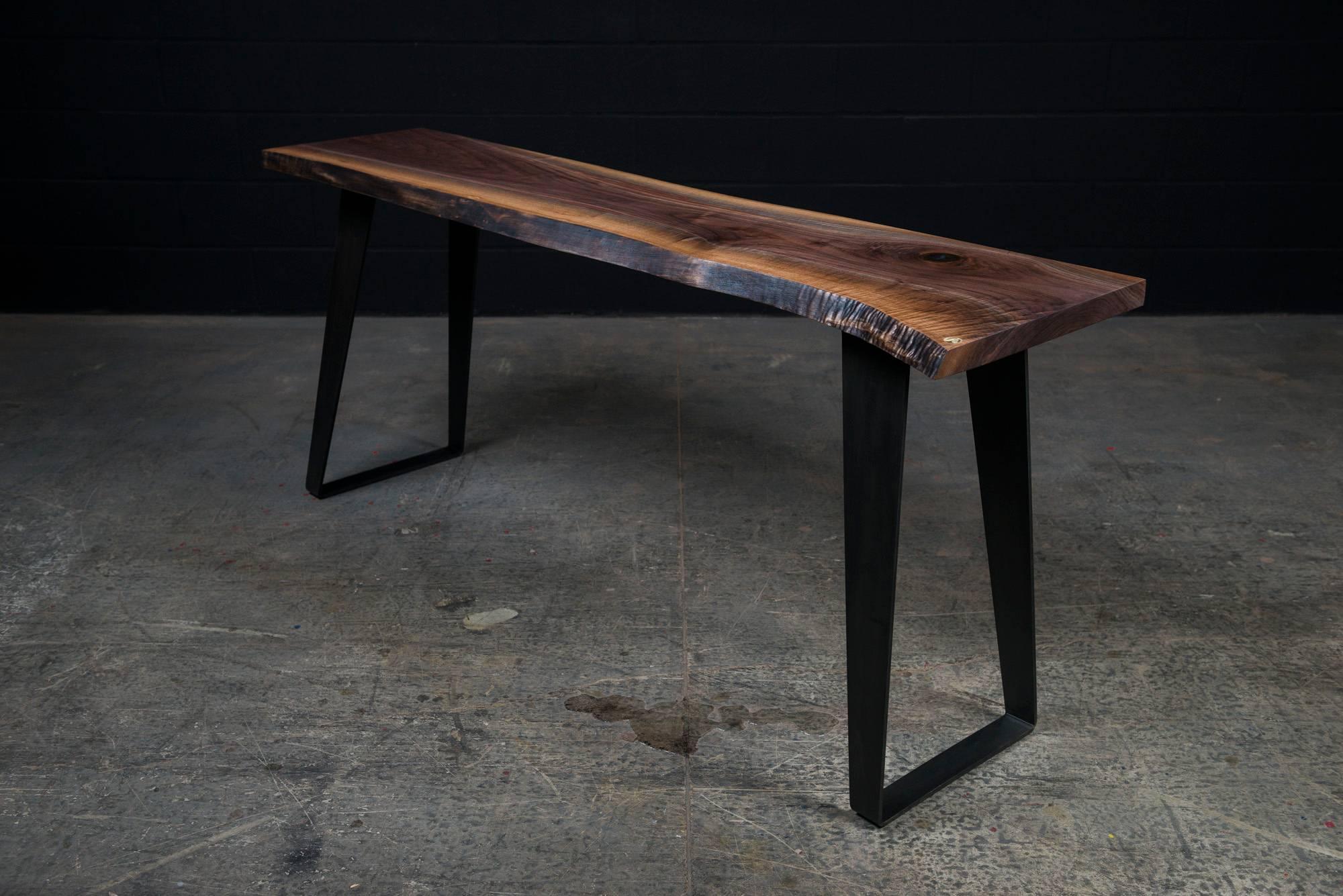 Contemporary Thompson Console Table by Ambrozia, Live Edge Walnut, Blackened Steel (72L) For Sale