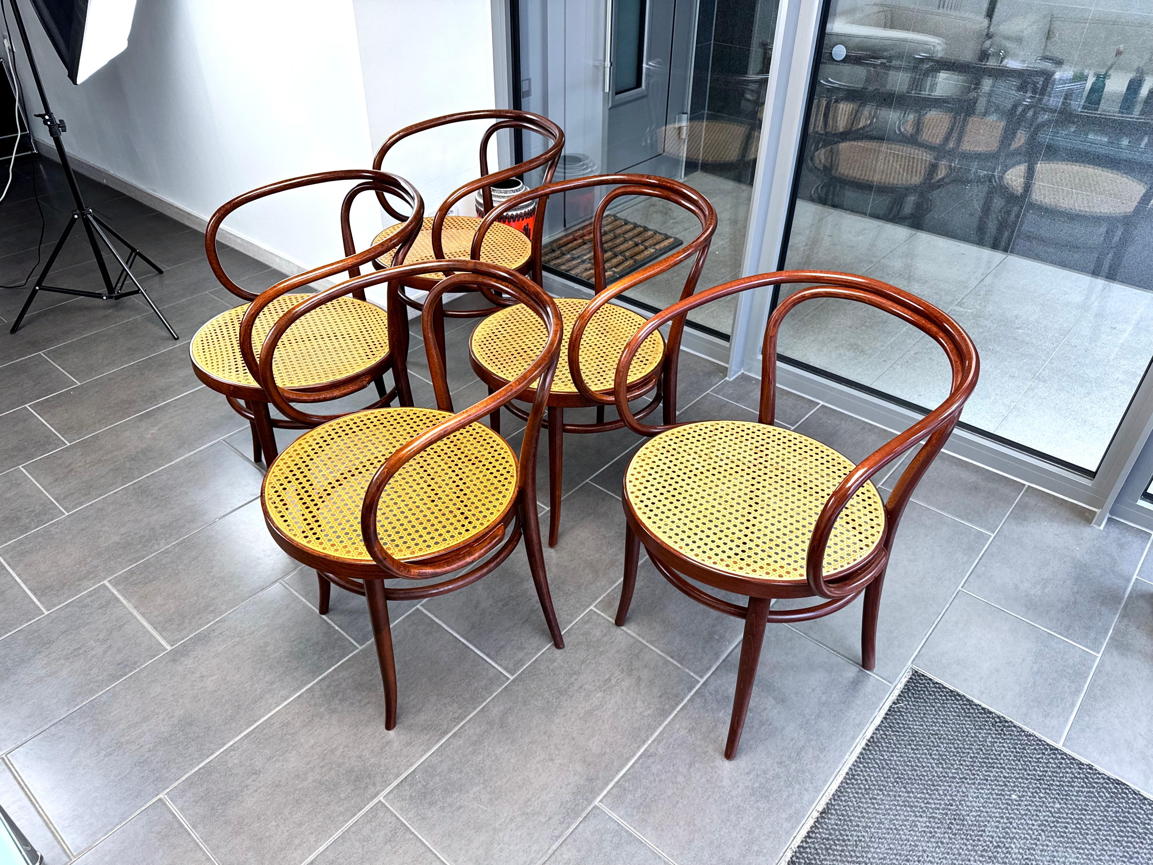 Cane Thonet 209 Bentwood Armchairs with Extendable Round Dining Table Mid-Century For Sale