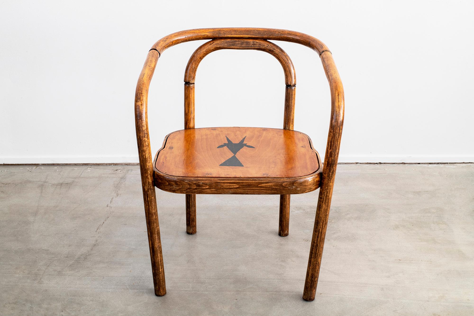 Interesting bentwood dining armchair attributed to Thonet - with ram's head inlayed onto each seat.
Great patina and great chair for any Aries!
Multiple sets available (total of 20)
Priced individually.
   