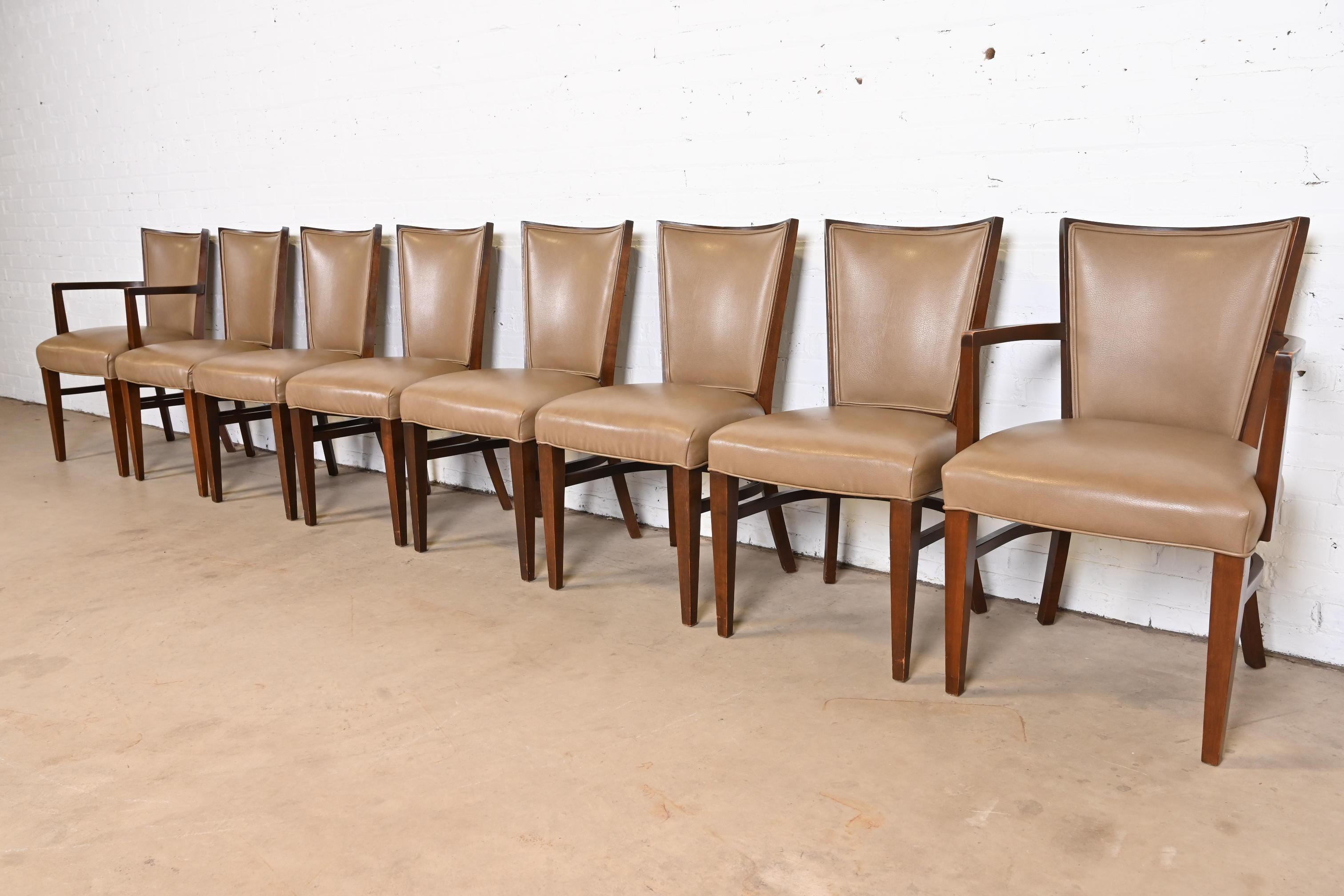 Mid-20th Century Thonet Art Deco Walnut and Leather Dining Chairs, Set of Eight