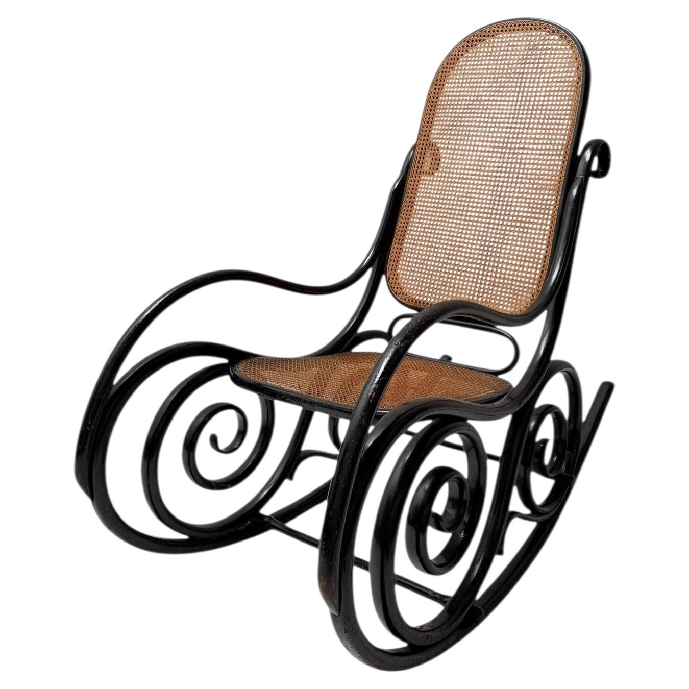 Thonet Art Nouveau Rocking Chair, Black Lacquered Beech, Wicker Seat