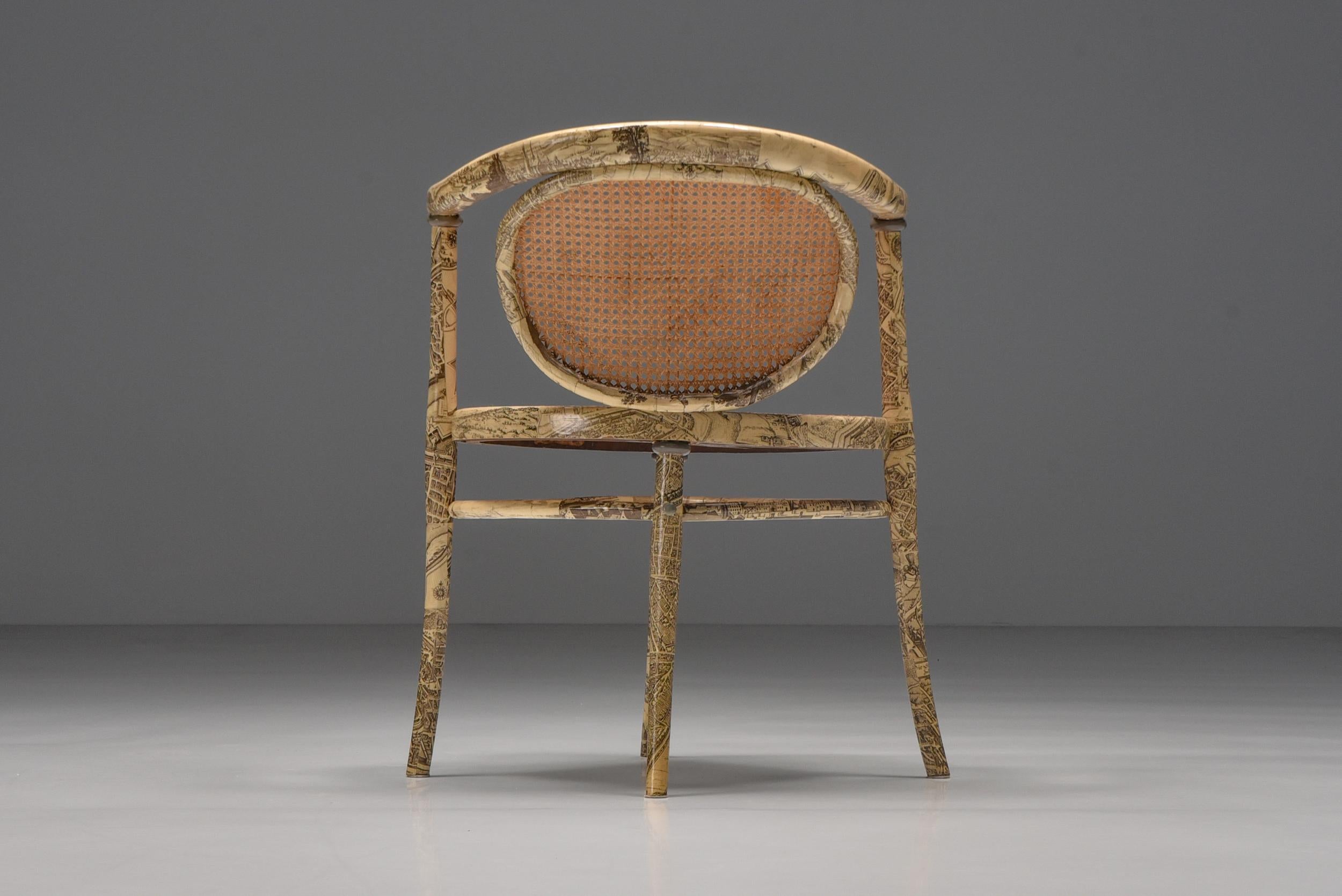 German Thonet Assymetrical Chair with Fornasetti Style Print, Empire, 1905