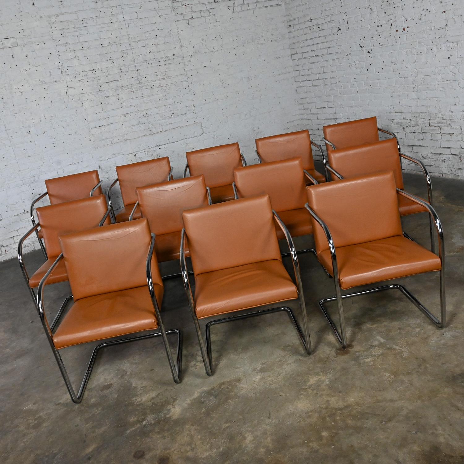 Phenomenal Bauhaus style Thonet chrome tube cantilever frame & cognac leather armchairs in the style of Brno chair by Mies van der Rohe, & Lilly Reich, set of 12. Beautiful condition, keeping in mind that these are vintage and not new so will have