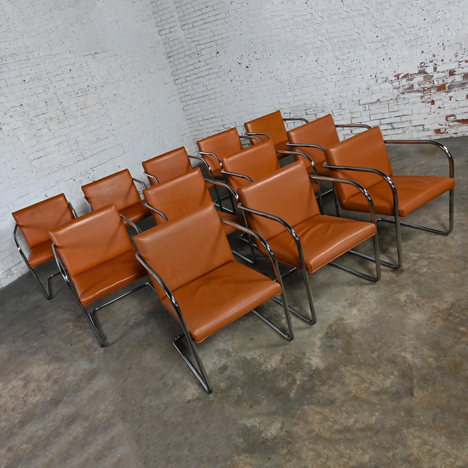 American Thonet Bauhaus Brno Style Chairs Chrome & Cognac Leather Cantilever Set of 12  For Sale