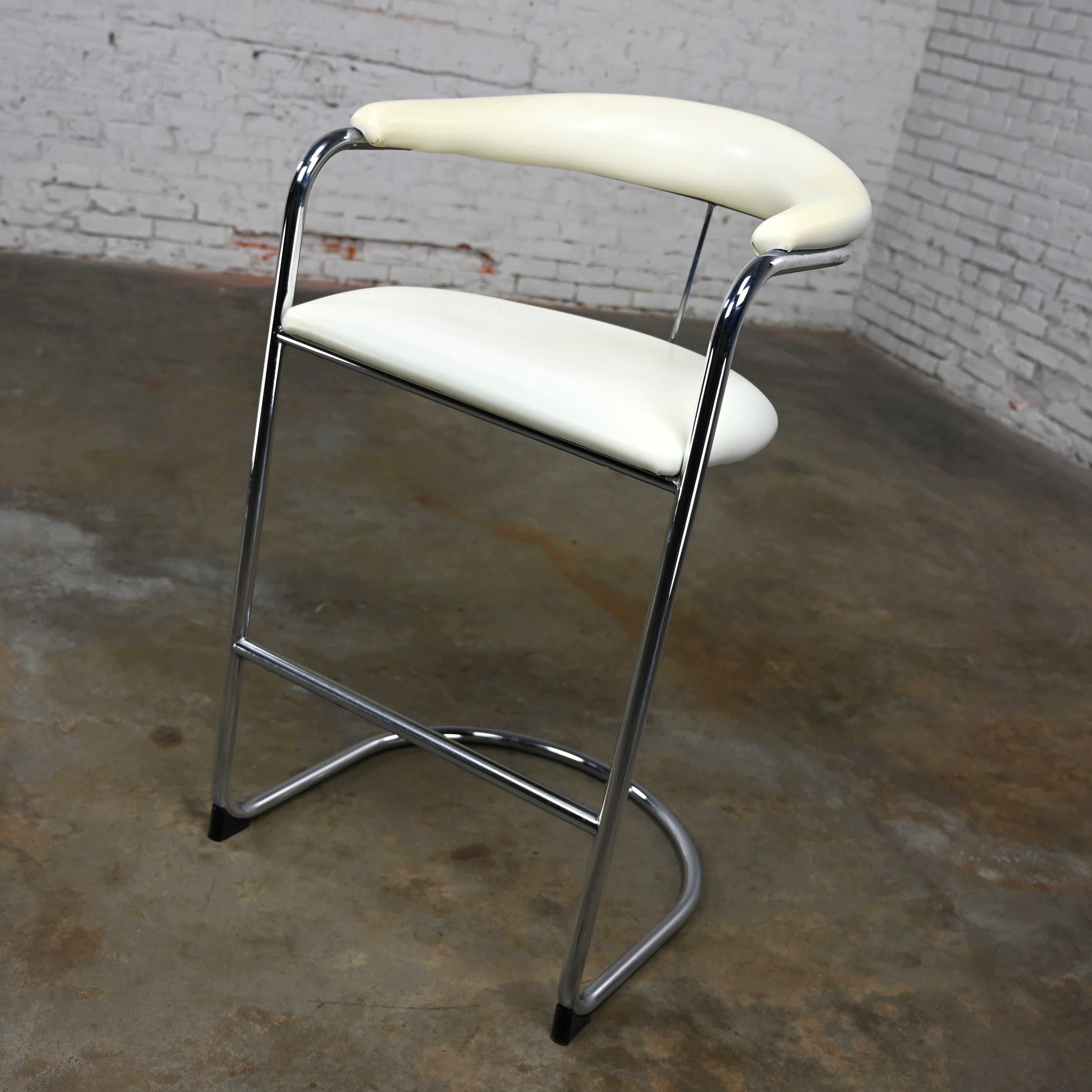 Fabulous vintage white vinyl & chrome tube barstool by Thonet Model SS33 Bauhaus cantilever chair by Anton Lorenz. This piece is tagged Thonet but has been attributed to Anton Lorenz based upon archived research including online sources, vintage