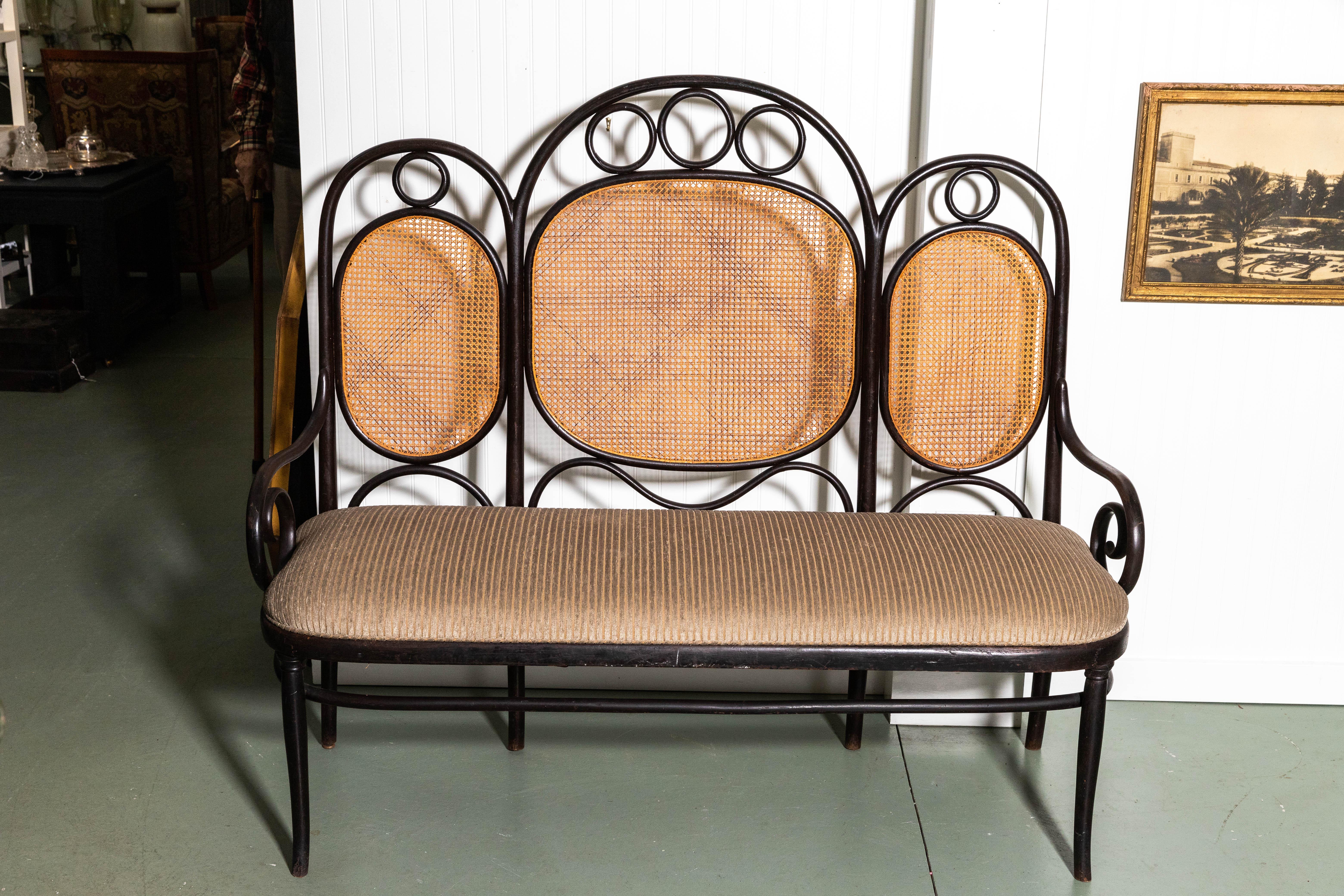 Curvilinear caned back with upholstered seat. Beautiful lines and original finish.