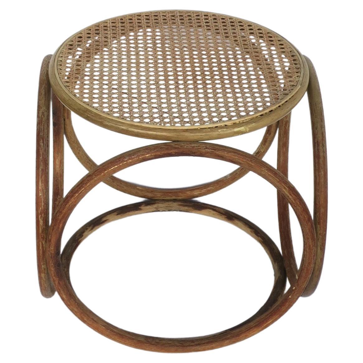 Mid-Century Modern Bentwood and Wicker Cane Stool or Side Drinks Table in the Style of Thonet For Sale