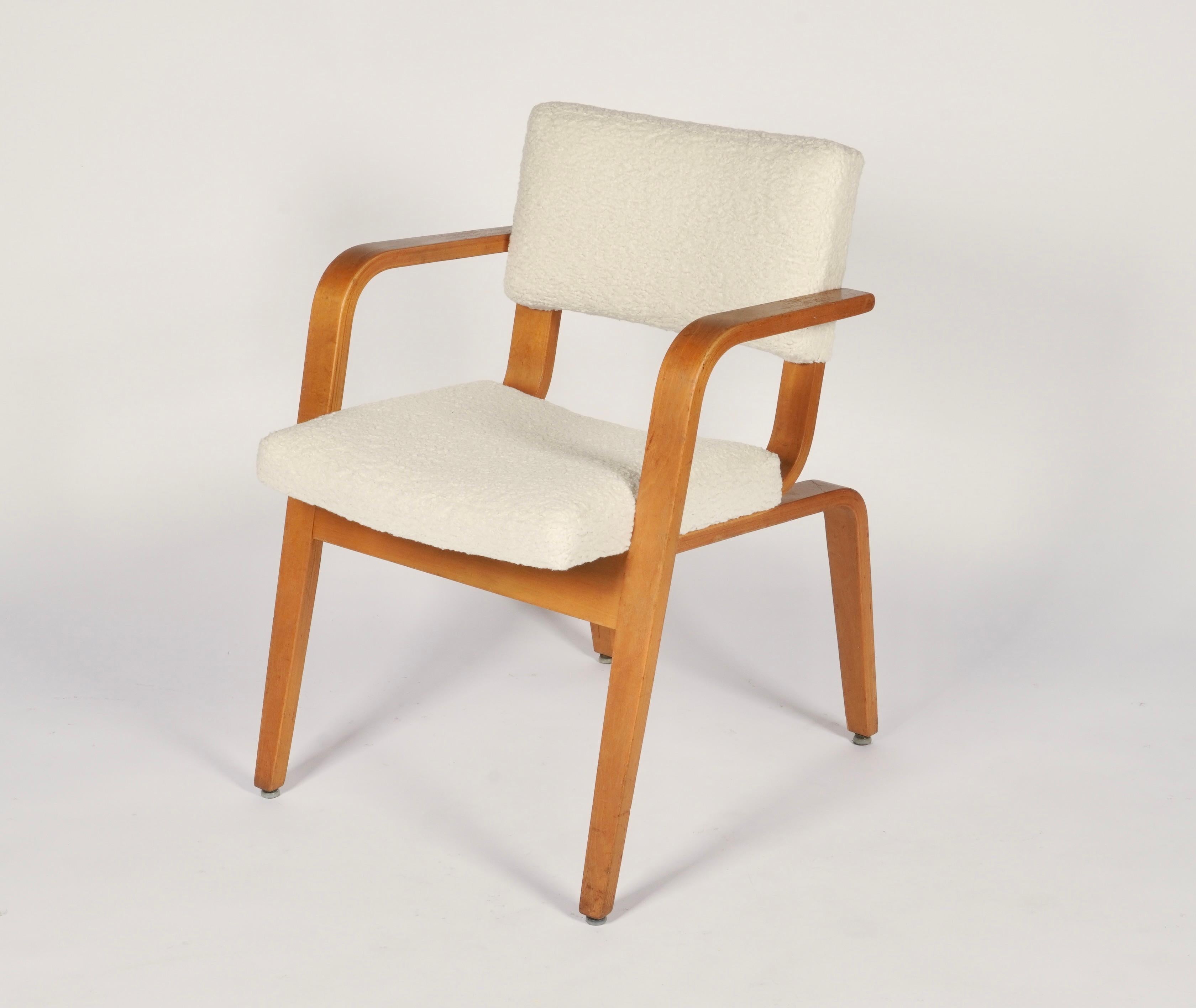 Sculptural Thonet armchair with a birch bent wood frame and new boucle upholstery. American production a very well crafted and sturdy chair designed for use in either the home or office. The frame was left with its original finish, just cleaned and