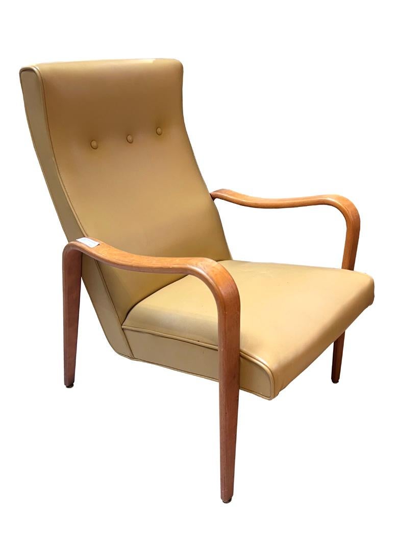 Thonet Modular Birch Bentwood Lounge Chair in mustard yellow colored Naugahyde High Back, Ca. 1950. Featuring a high back smooth design seat and back with a beautiful bent Birch arm and leg. Comfortable upholstered high back and seats. Original