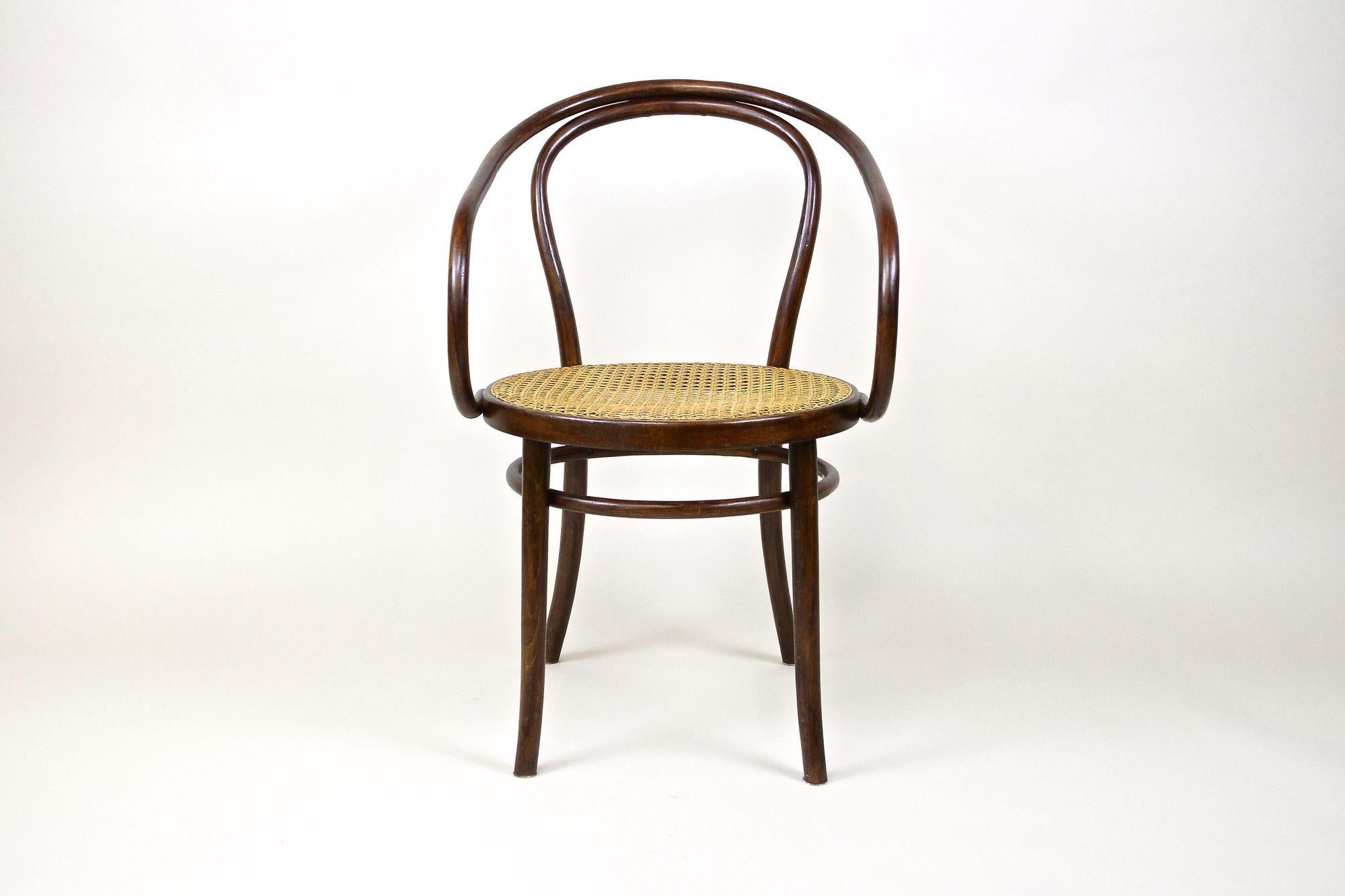 Timeless designed Art Nouveau bentwood armchair produced by the marketleader when it comes to bentwood furniture - the world renowned company of Thonet in Vienna/ Austria in the early period around 1900. This design icon from the very beginning of